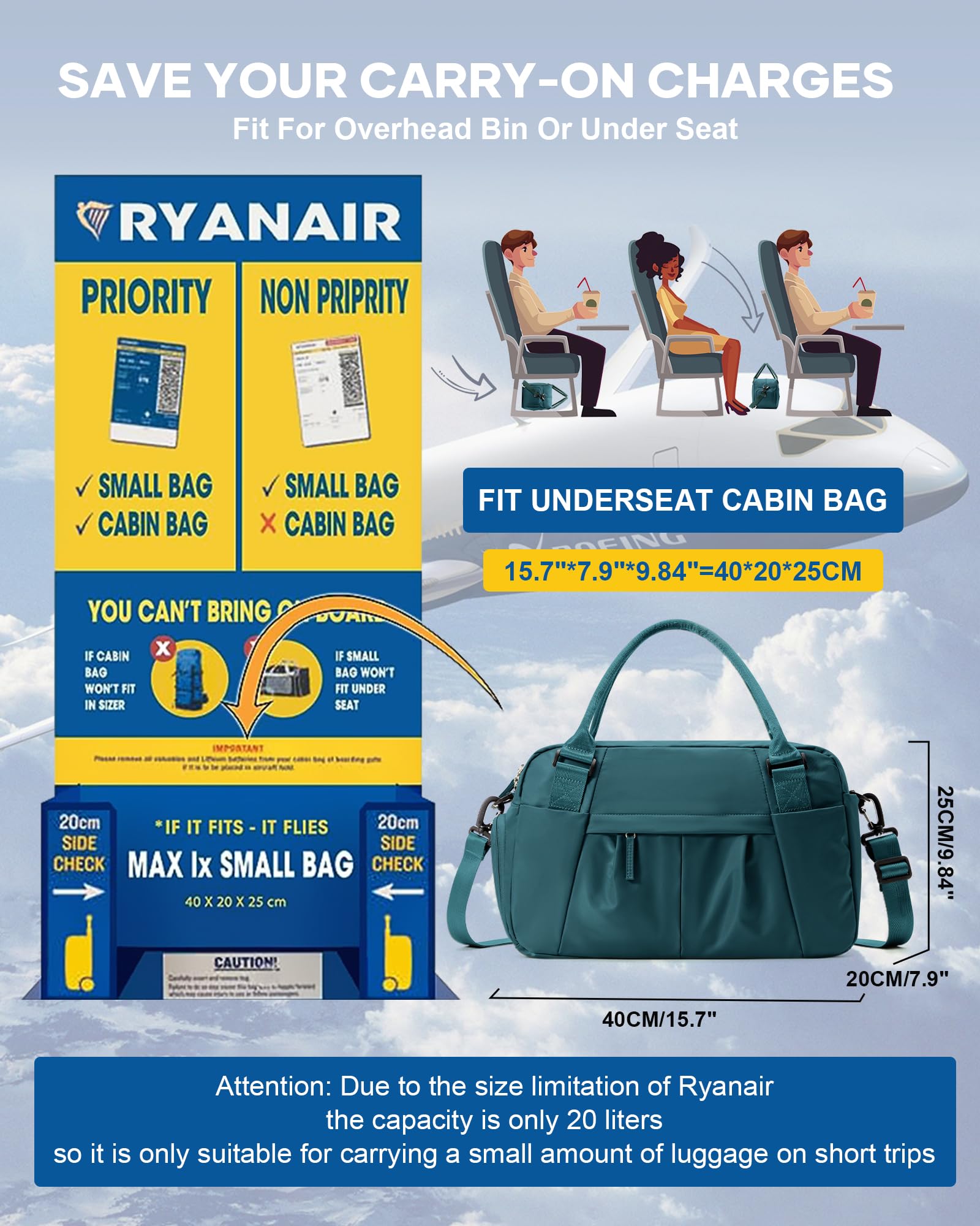 Borsone da Viaggio Donna, 40x20x25 Ryanair Bagaglio a Mano Borsa da Viaggio con Scomparto per le Scarpe, Borsa Sportiva Borsone da Palestra Grande, Borsa da Weekend,Borsa per Ospedale,J4-Pavone blu