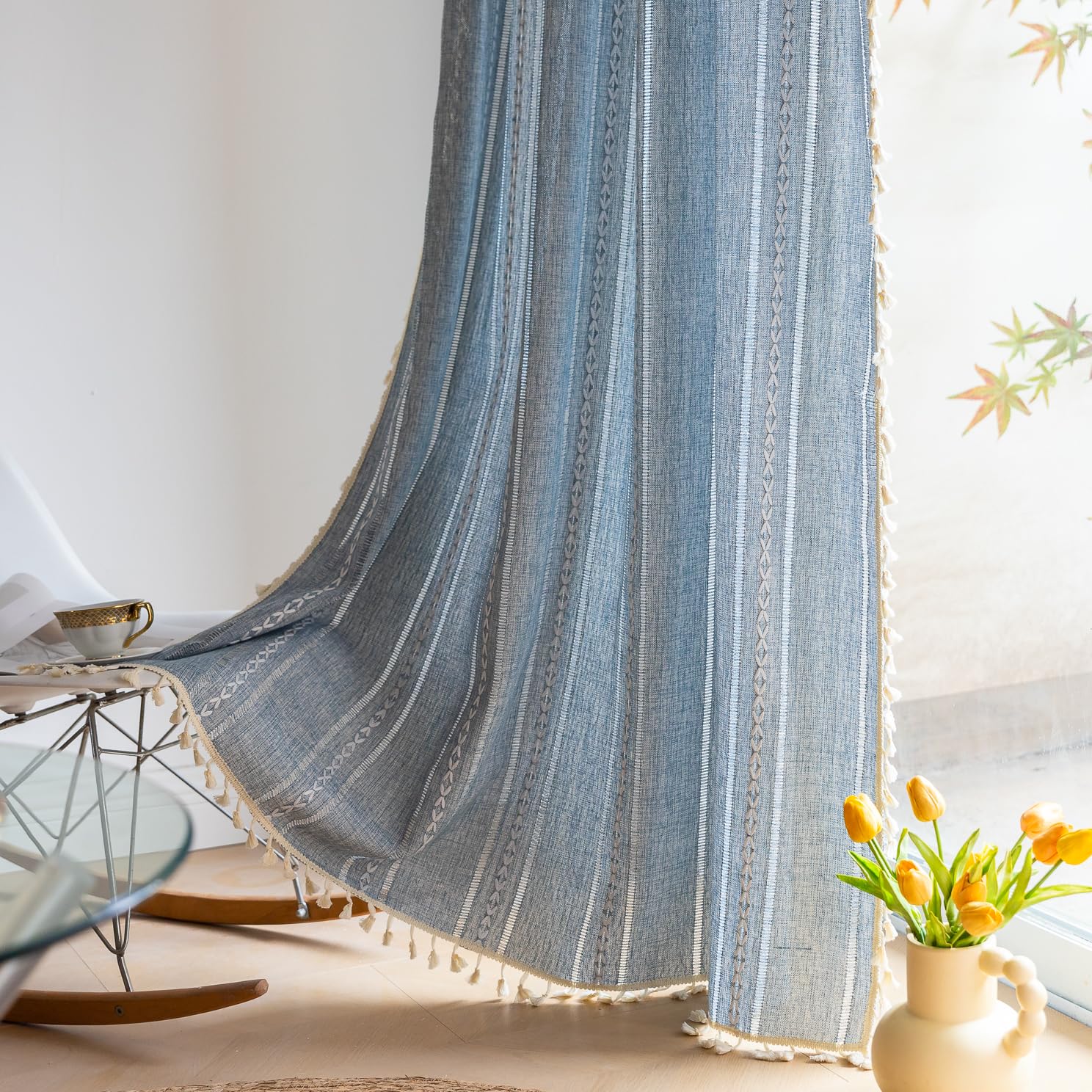 Deeprove Blue Boho Curtains 84 Inches Long for Bedroom Living Room Kitchen, Bohemian Chic Textured Embroidery, Vintage Handmade Tassels Farmhouse