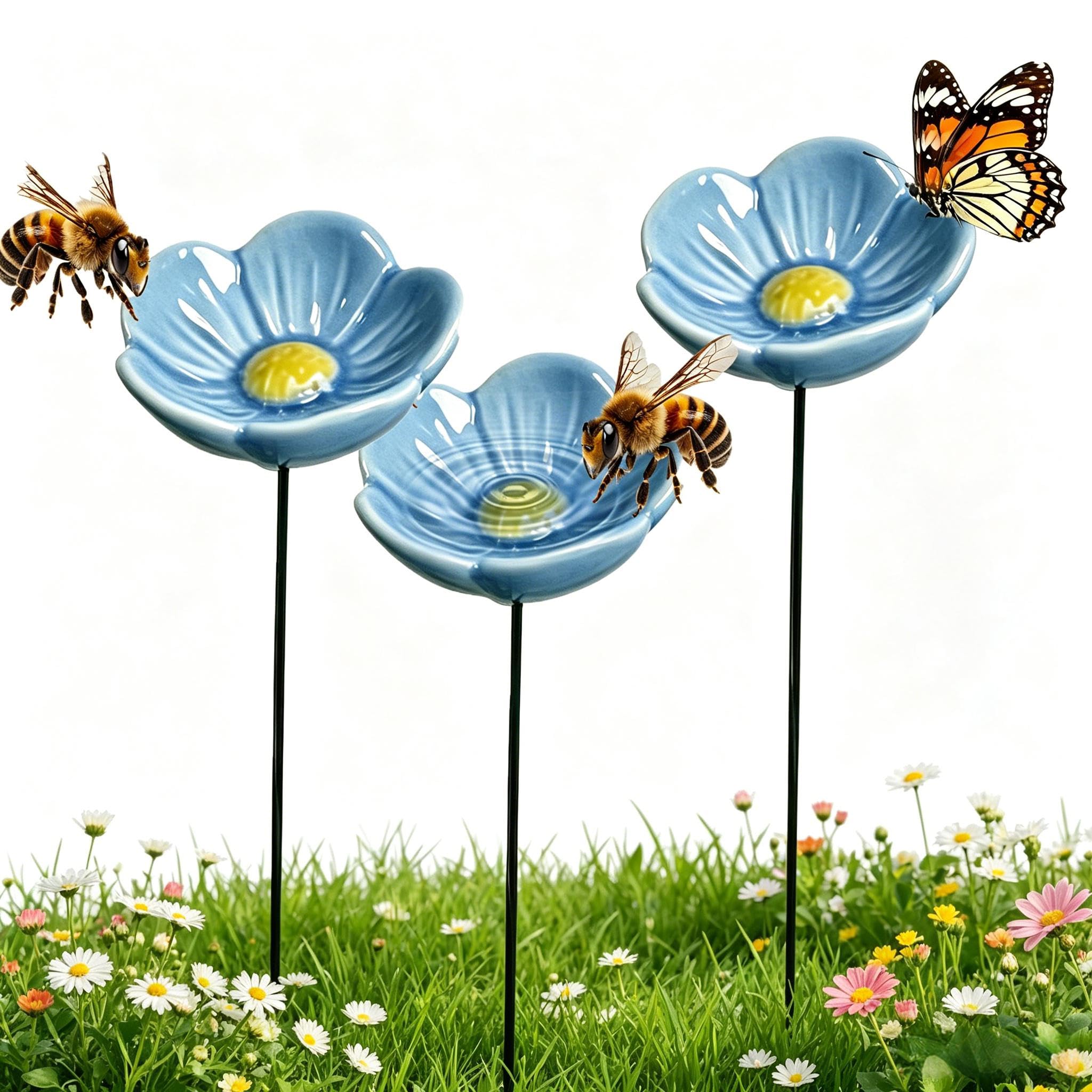 3PCS Flower Bee Watering Station, Ceramic Bee Water Bowl for Garden, Bird Bath Butterfly Drinking Feeder Cups for Outdoor Garden Backyard Patio Balcony