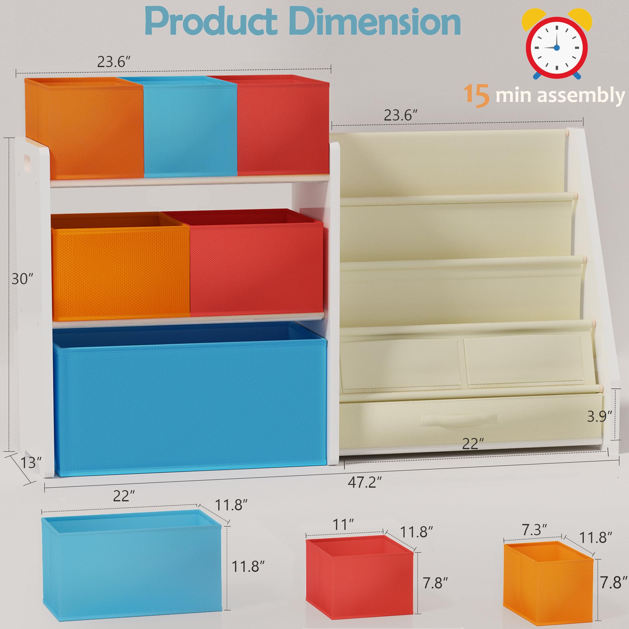 Toy Organizer with Bookshelf, Large Capacity Toy Storage Organizer with 6 Foldable Toy Bins, 3-Tier Solid Wood Kids Bookshelf and Toy Storage, Easy Assembly Toy Shelf Organizer