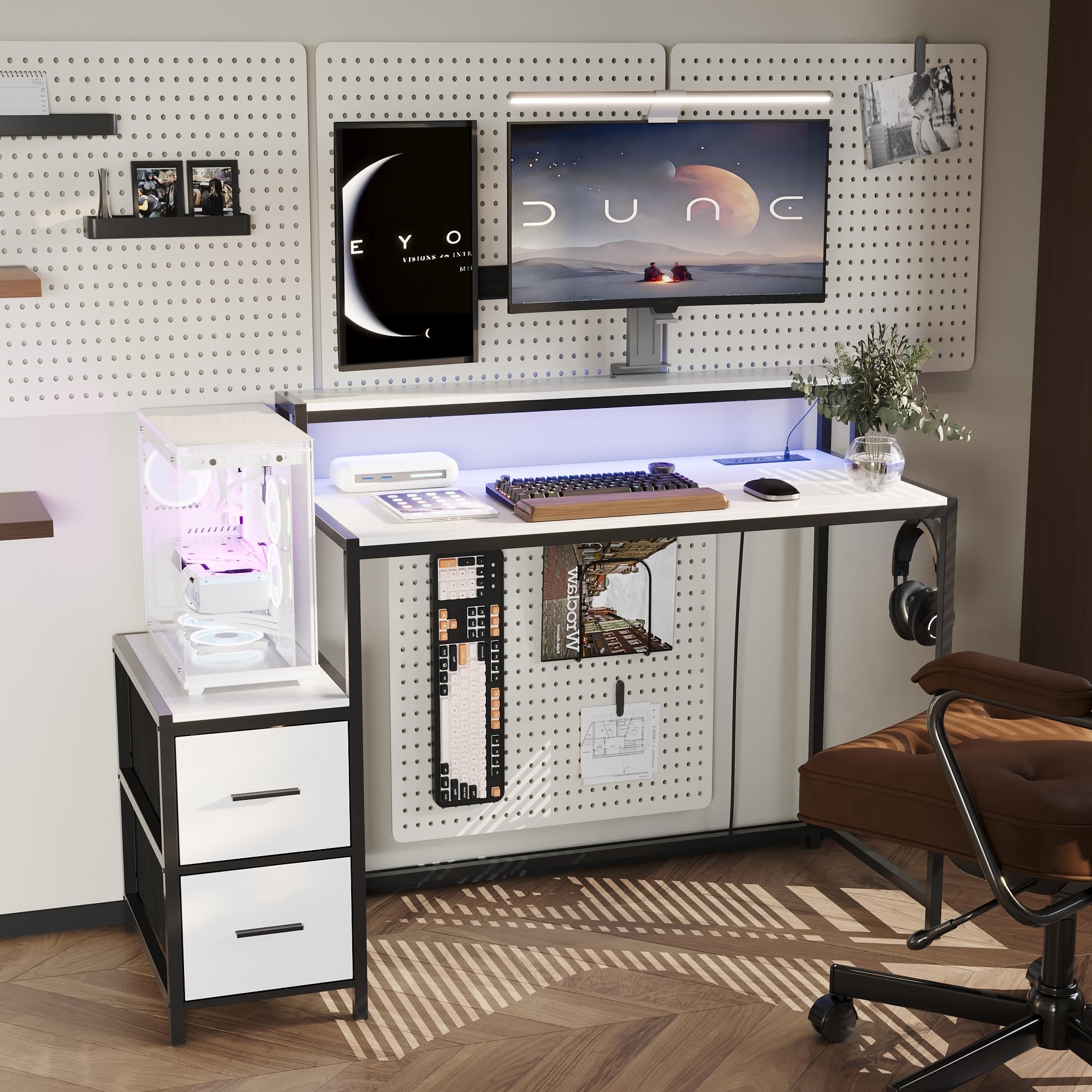 Gaming-Schreibtisch mit stoffgefütterten Schubladen, Gaming Tisch, Groß Pc Computertisch, Computertisch mit 2 großen unabhängigen Schubladen, 100 x 48 x 90 cm, Weiß + Schwarz