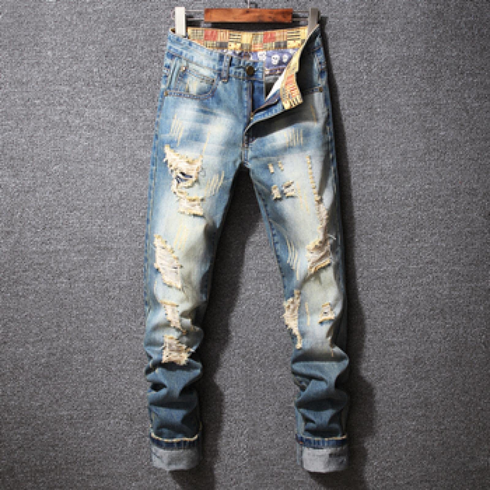 Jeans Herren Jeanshosen Hose Freizeithose Herren Ripped Vintage Blau Slim Fit Straight Jeans Hose Hip Hop Streetwear Fashion Destroyed Holes Herren Jeanshose Plus Size