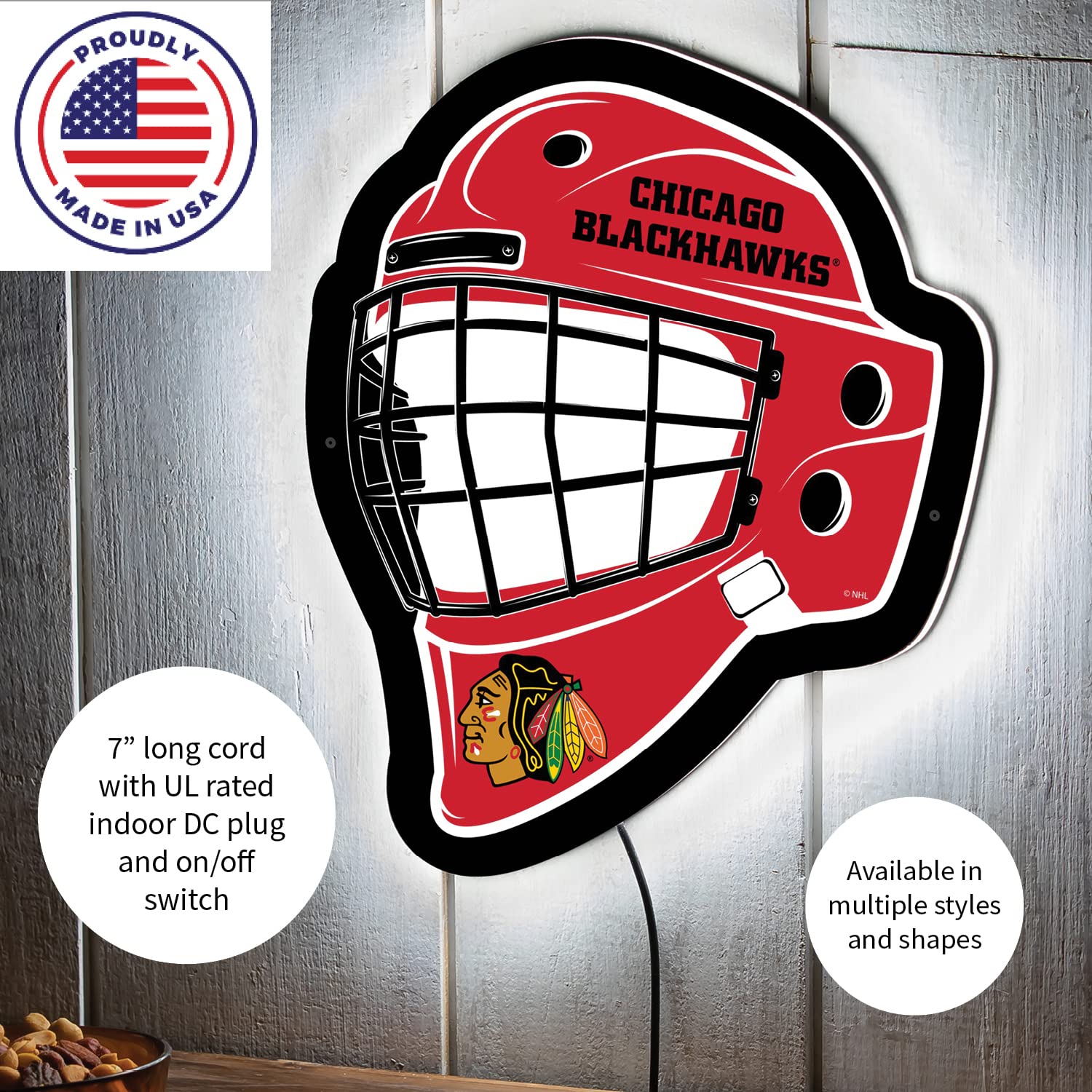Team Sports America Evergreen NHL Chicago Blackhawks Ultra-Thin LED Light Wall Sign Decor | Full Size Replica Helmet | 15.6 x 19 Inches
