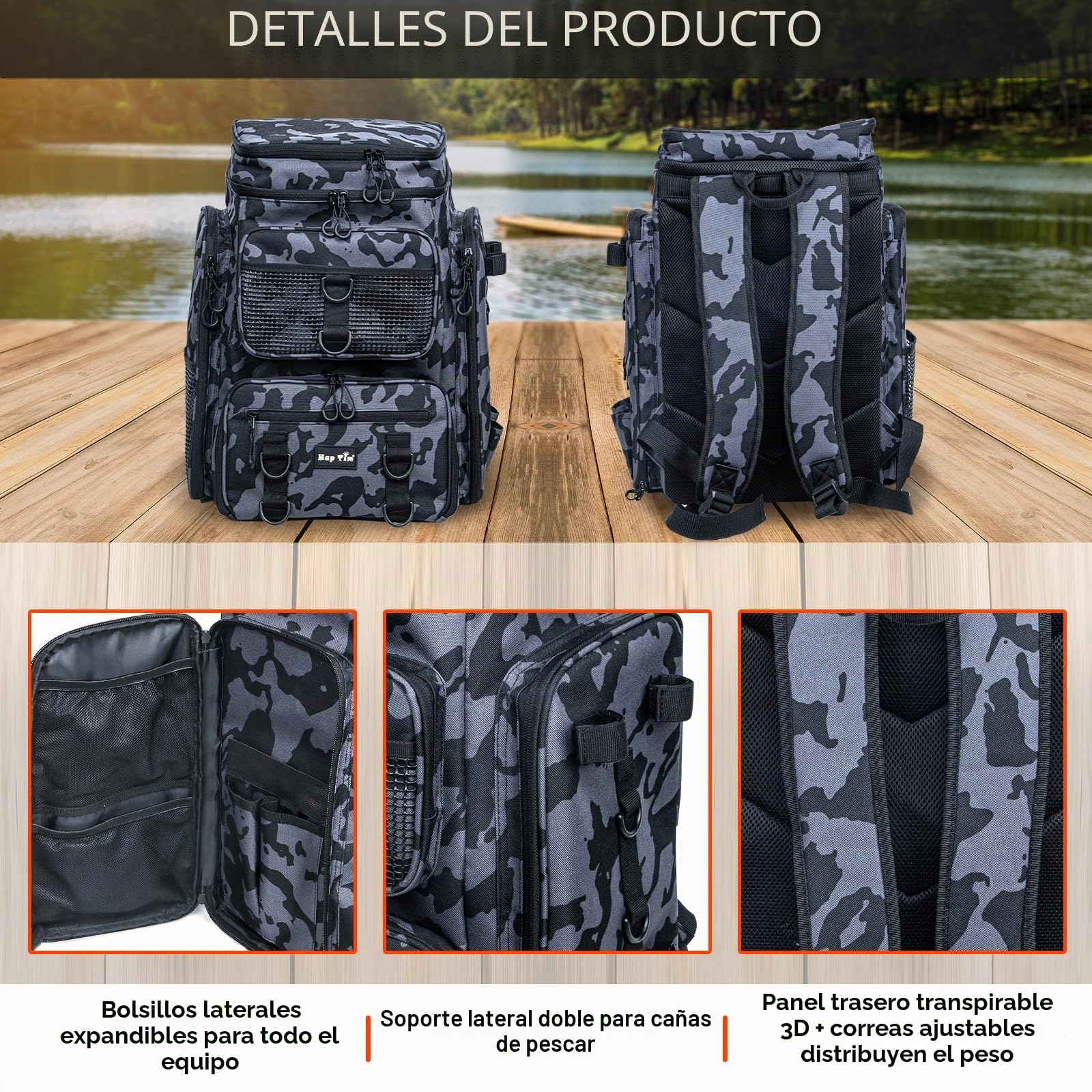 Hap Tim 42L Angel Mochila con 2 Varilla Titular Multi-Bolsillo Grande Bolsillo de Pesca Equipamiento Accesorios con Separador extraíble Día del Padre Navidad Regalos de los Hombres (FB-2308-CM-EU)