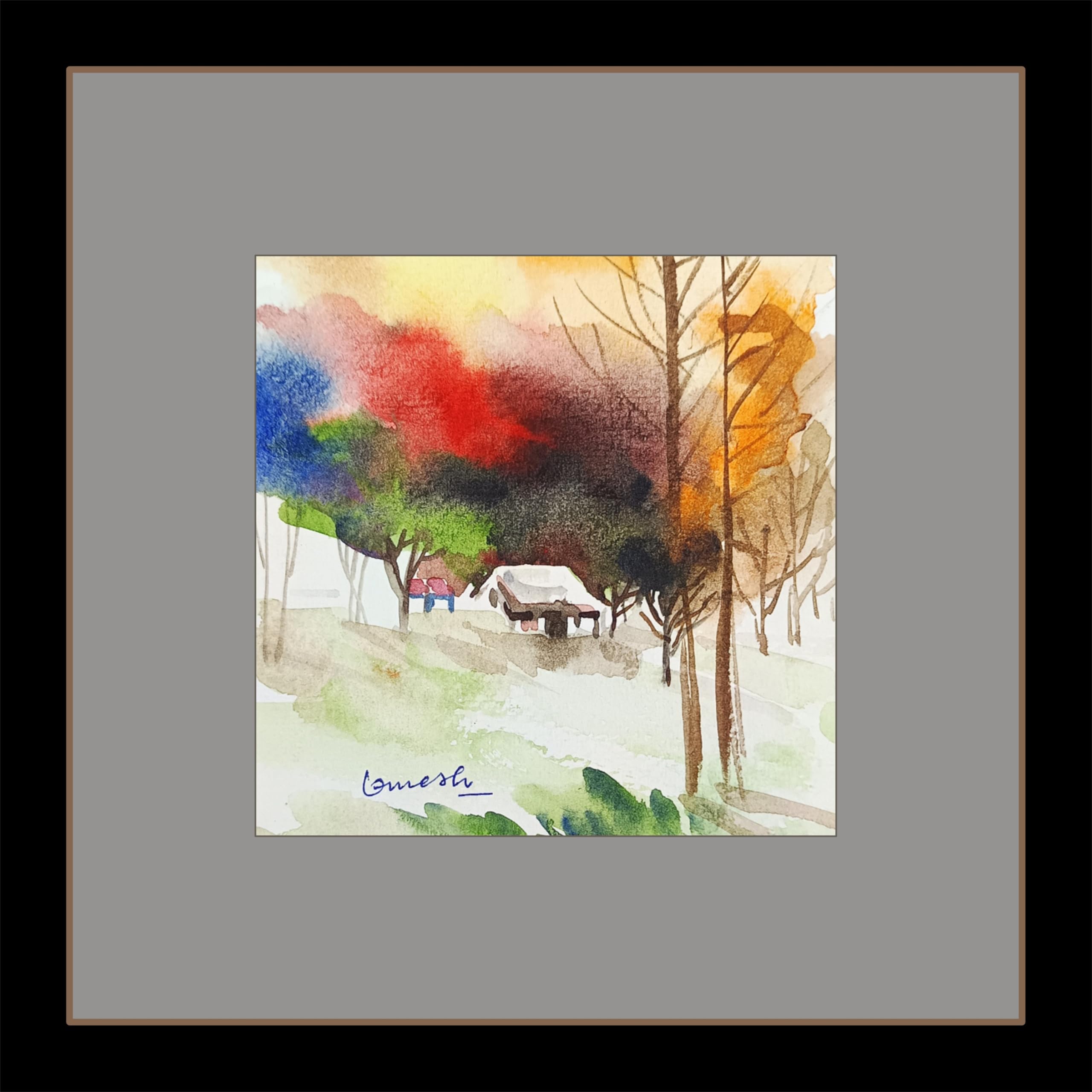 Color N Space Artist Studio Original Watercolor Landscape Wall Art, Multicolour, Handmade Paper, 23x23 cm with Frame, Contemporary Style, Matte Finish, Artist- Umesh Prasad