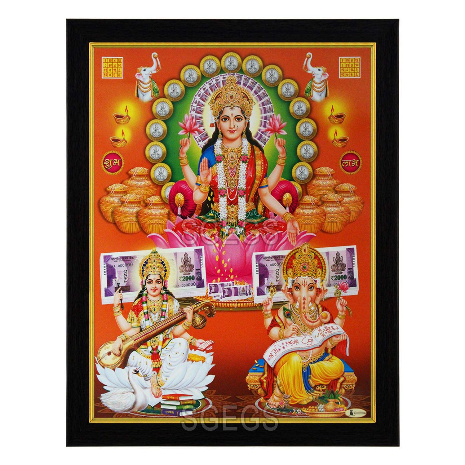 SHREE GANESH ENTERPRISE GIFTING SOLUTIONS Ganesh Lakshmi Saraswati HD Photo Frame Painting Goddess God Diwali Pooja Wall Hanging (Wood, Poster with Frame, Multicolour, 23.5x1x31cm)