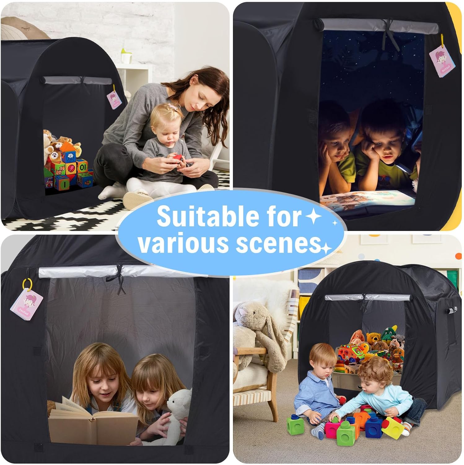 Kids Pop-up Sensory Tent, Foldable Blackout Tent for Children with Autism and ADHD, Calm Corner with Cognitive Toys Included, with Mesh Windows， Ideal for Kids with Special Sensory Needs