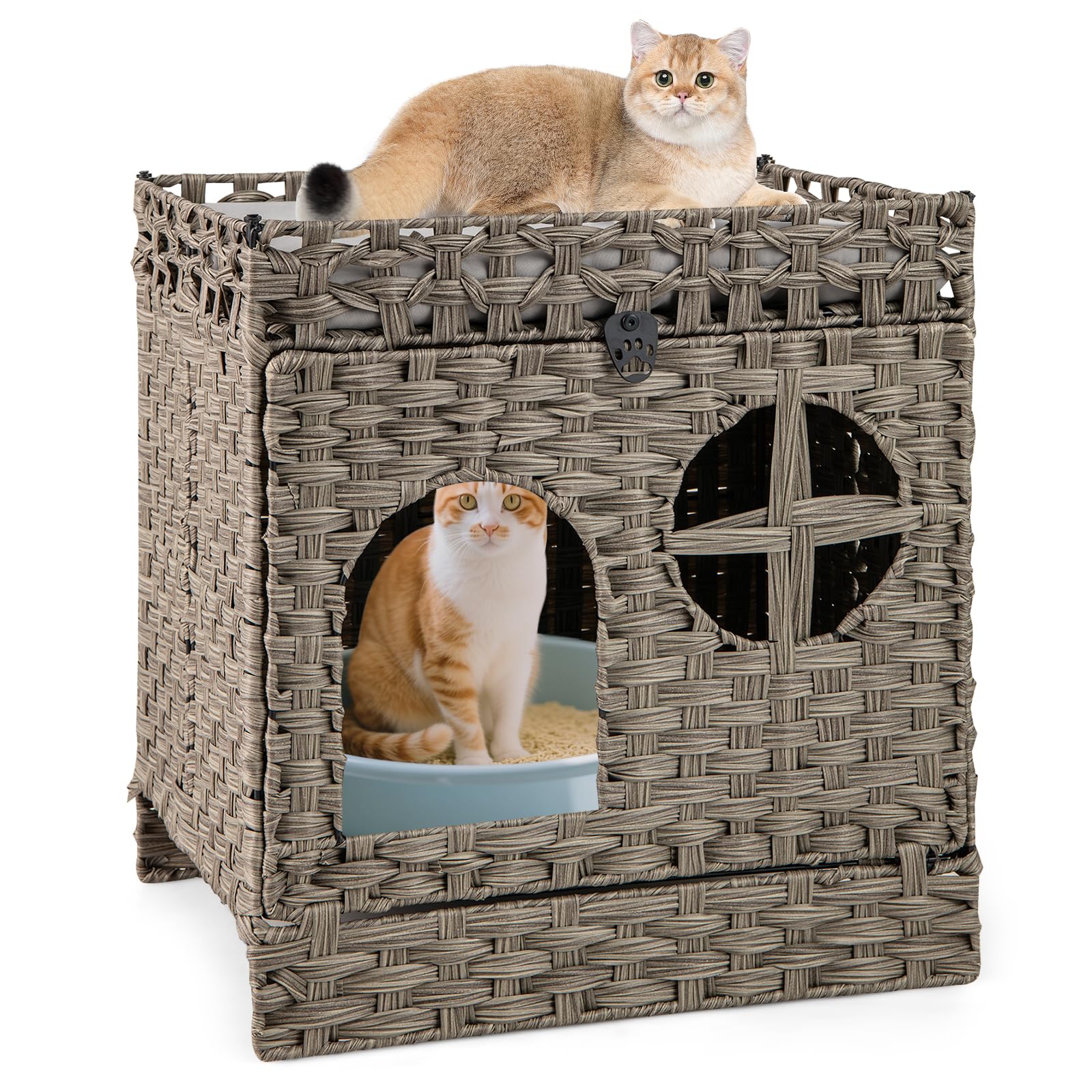 COSTWAY Wicker Cat House, Foldable Cats Litter Box Enclosure with Litter Mat, Flip-Down Door, Removable Cushion, Indoor Rattan Kitten Condo