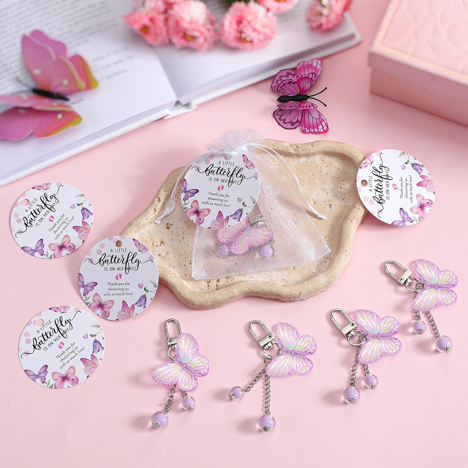 50 Set Baby Shower Favors for Guests Butterfly Keychain Bulk Thank You Cards Bag Baby Shower Return Gifts (Purple)
