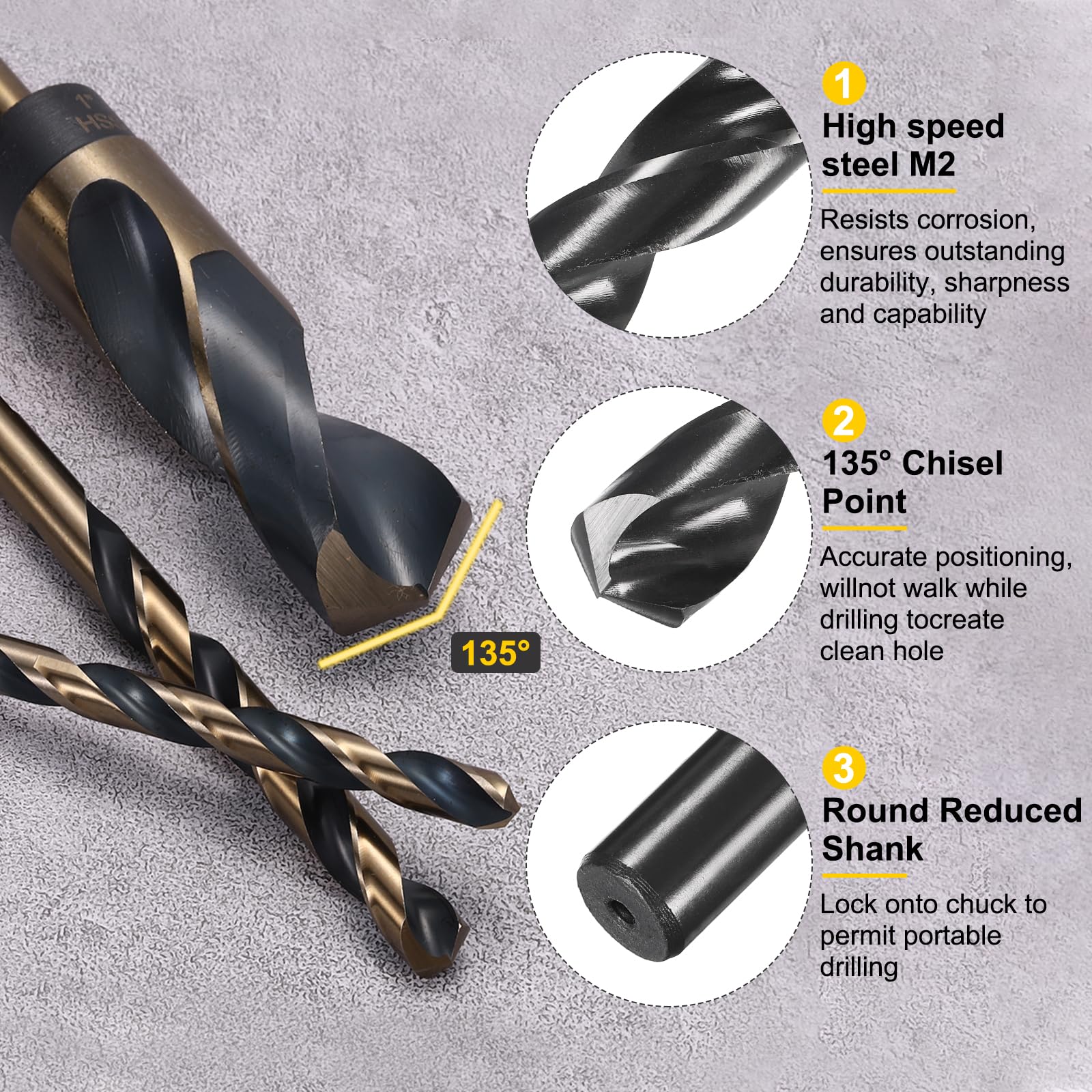 sourcing map 3 brocas helicoidales de vástago reducido de 3/4 pulgadas de diámetro y vástago de 1/2 pulgada de acero de alta velocidad M2 con acabado de óxido negro para taladrar metales duros, acero