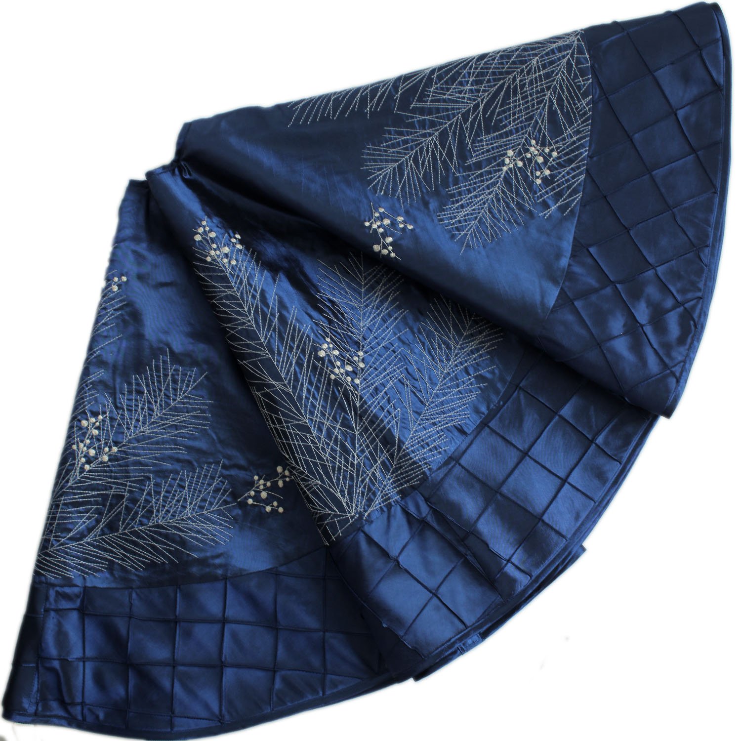 Sorrento Blue Deluxe Embroidered Pine Branches Cherry With Pintuck Border,Extra Large,Christmas Tree Skirt (, 50")