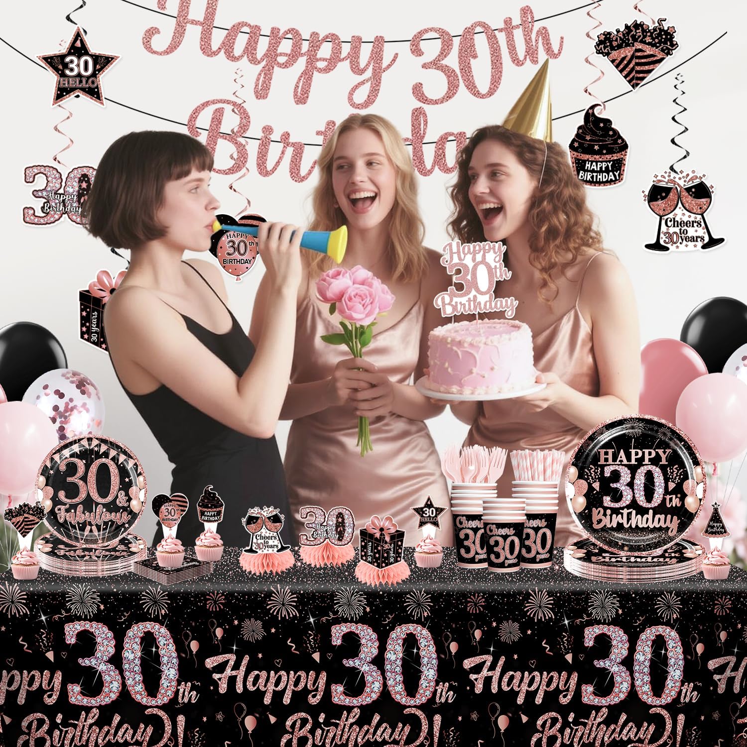 205pcs Rose Gold 30th Birthday Decorations for Her Complete Party Set, for 25 Guests, 30th Birthday Decorations, includes Banner Hanging Swirl Balloon Cake Decor Tableware Tablecloths