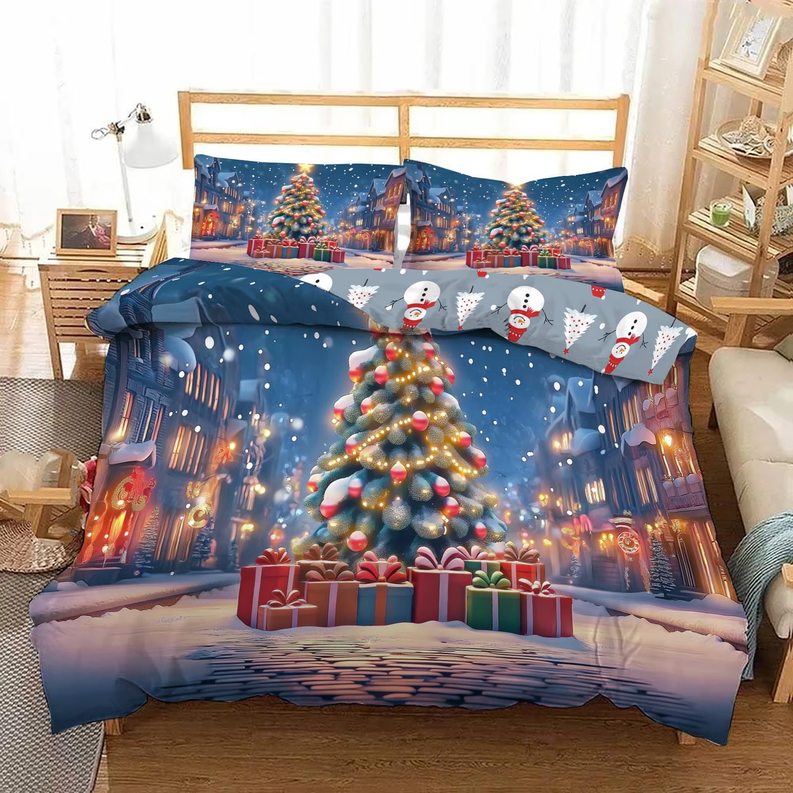 Parure de lit Noël 140x200cm et housse de couette réversible avec 3 taies d'oreiller