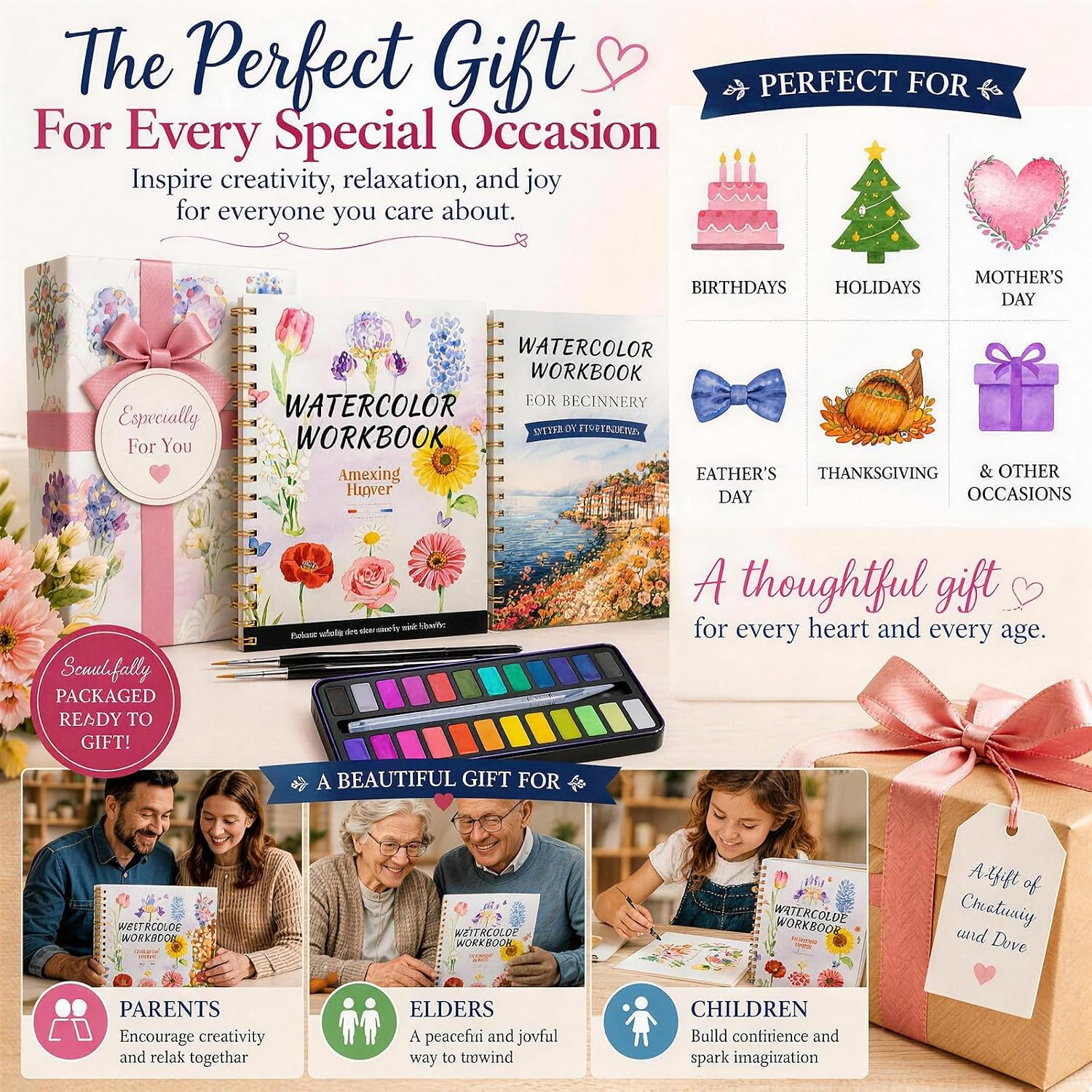 Watercolor Workbook for Beginner & Adults, Geirvte Water Coloring Book Kit. | 100% Cotton Paper 120lb, 14 Flower Design, 24 Colors Paint, 2 Professional Brush Gift to Creativity Stress Relief 10.2 x 7.4"