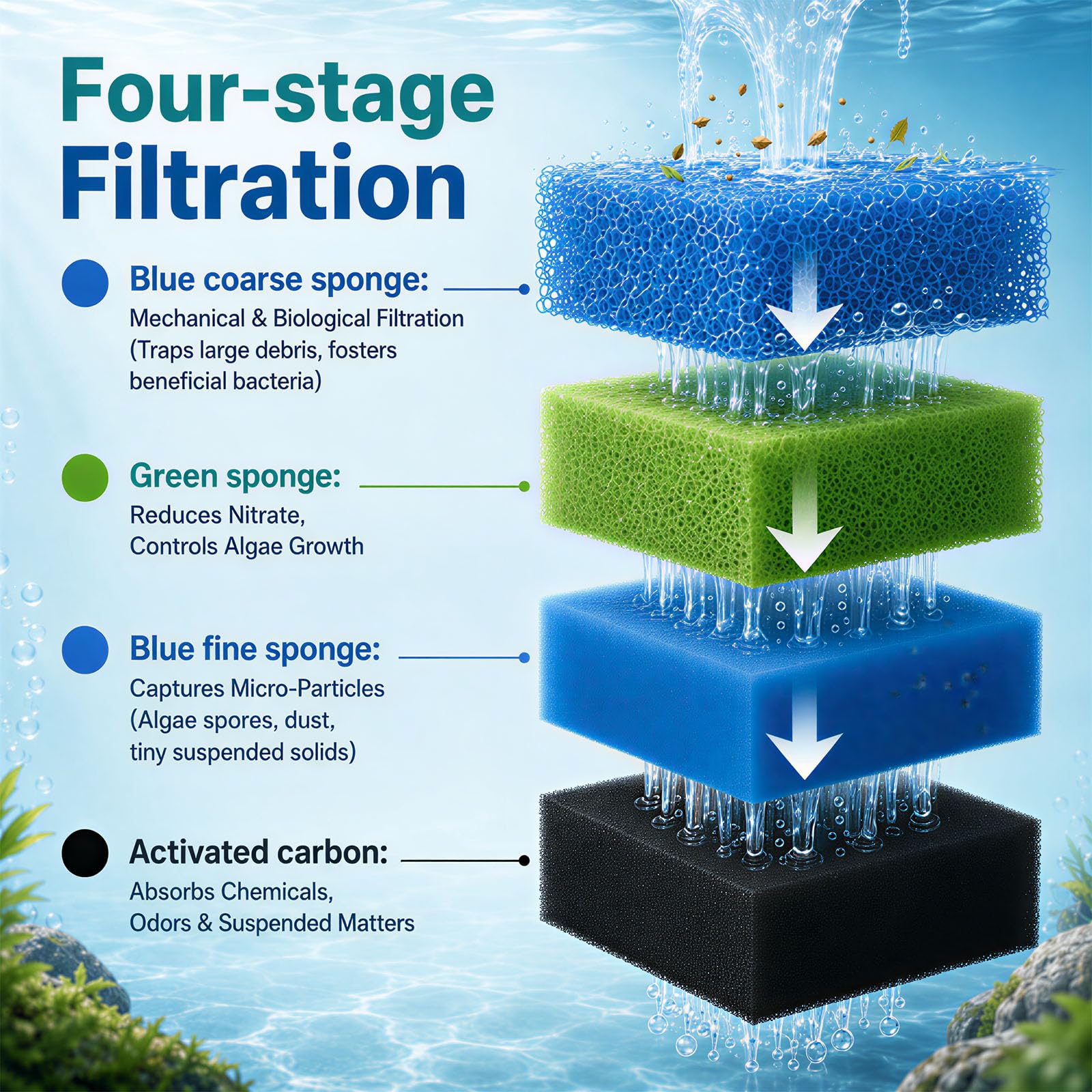 16stk Aquarium Filterschwamm Juwel Filtermedien M Kompatibel mit Juwel Compact/Bioflow 3.0 M, Set mit Blau Grob/Fein, Grün Nitrat, Aktivkohle, Nitratreduktion, Süß- & Salzwasser geeignet