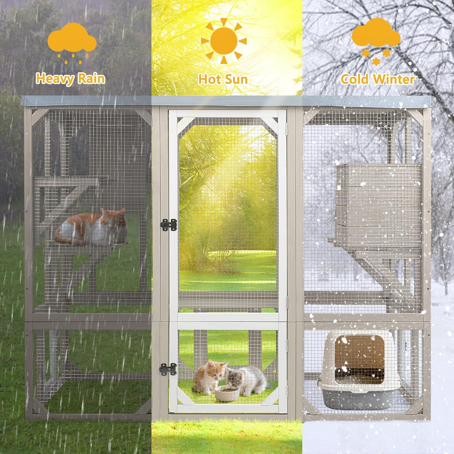 Large Outdoor Cat Enclosure Catio, Multi-Level Cat House with Platforms & Cat Door, Indoor Outdoor Cat Run, Weatherproof Wooden Cat Cage for Patio Backyard Multi Cats
