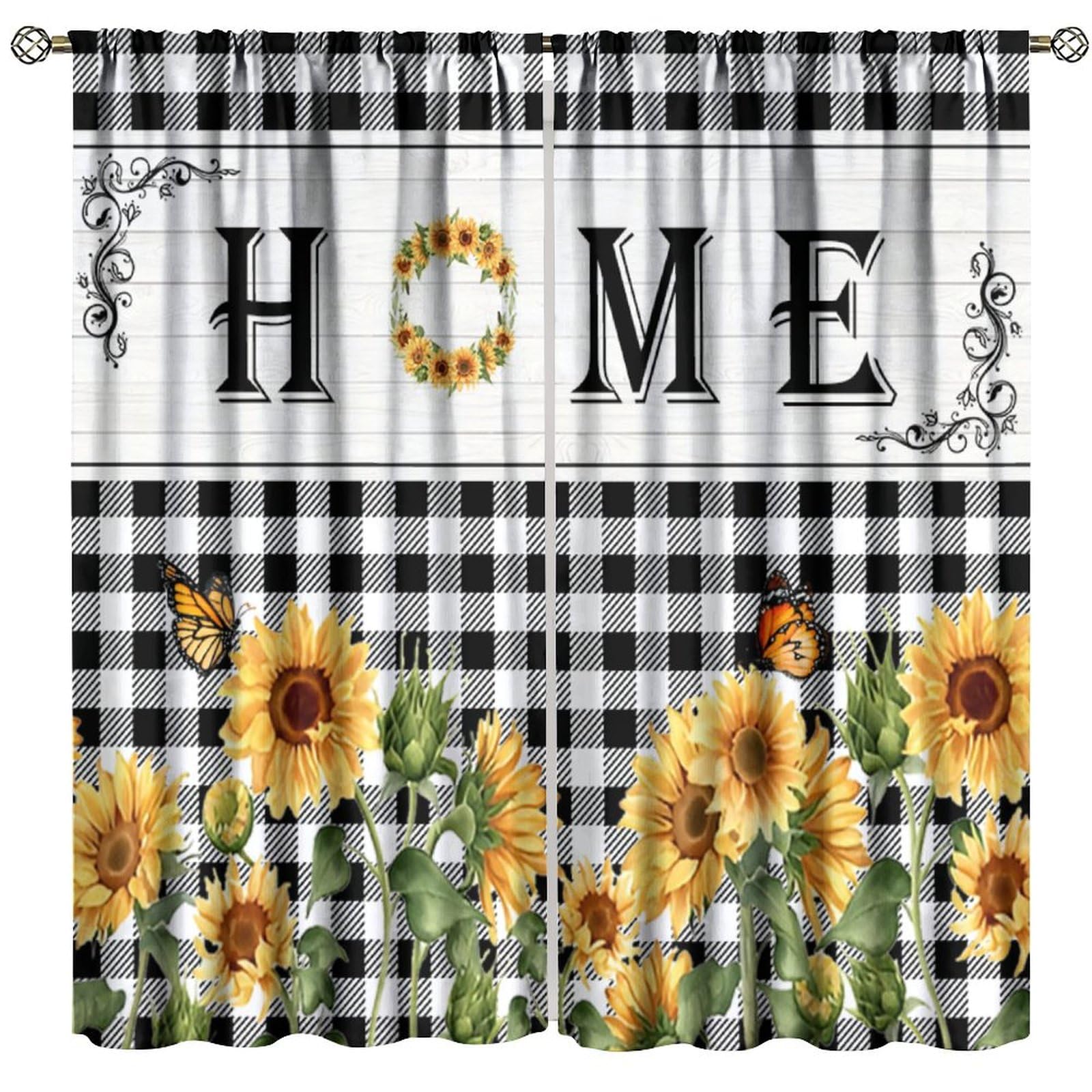 Wallira Rustic Sunflower Kitchen Curtains,Retro Farmhouse Country Spring Floral Butterfly Black White Plaid Print Window Treatments for Bedroom Living