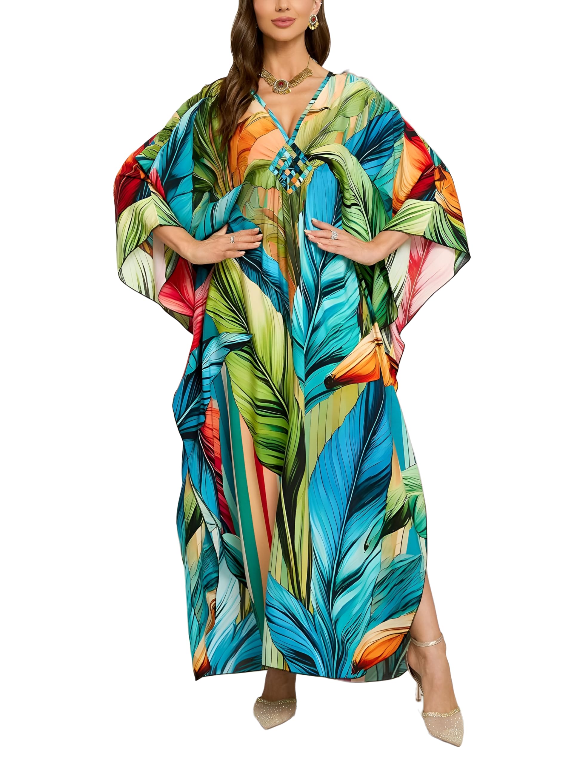 KEYLORTING Plus Size Kaftan Dress Women, African Moo Moo Print Caftan, Batwing Dress, Beach Cover Up for Party and Loungewear