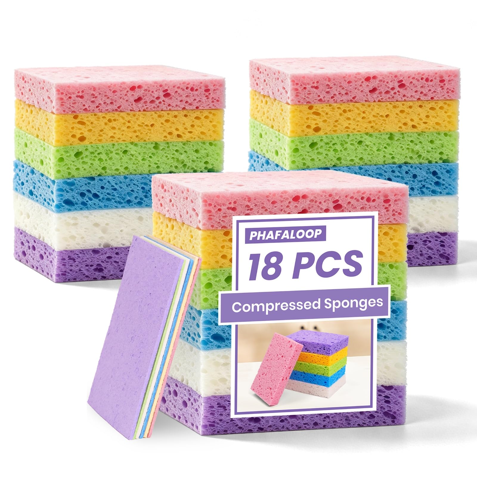 Lot de 18 éponges en cellulose compressée, 6 couleurs assorties, pâte de bois naturel, anti-rayures, durables et réutilisables, passent au lave-vaisselle et à la maison