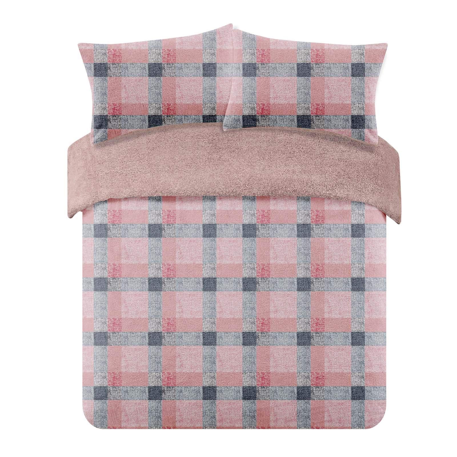 Dreamscene Blush Pink Grey Single Duvet Cover Set Reversible, Winter Bedding Super Soft Cosy Tartan Check Teddy Fleece Duvet Set Fluffy Thermal Teddy Bear Bedding With Pillowcase,