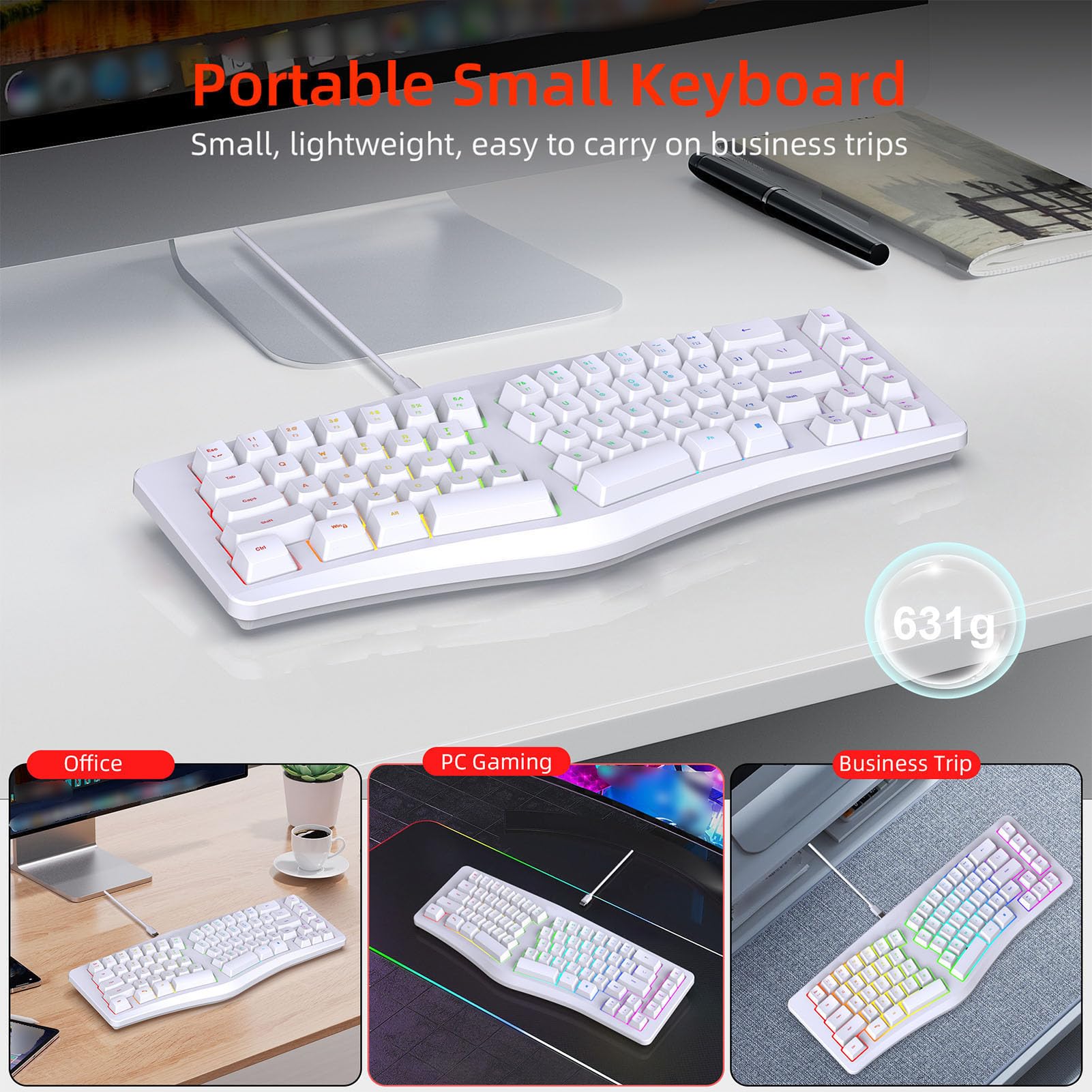 Annadue Tastiera ergonomica divisa a 69 tasti, 18 modalità RGB, USB C staccabile, tasti silenziosi, tastiera compatta cablata per/per Linux (ufficio/gioco/casa) (bianco)