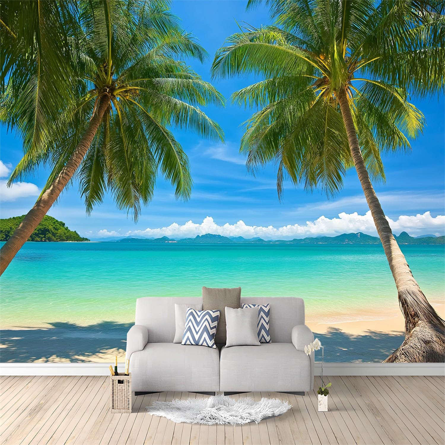 Photo Wallpaper Landscape Tropical Beach 250 x 175 cm Non-Woven Premium Art Print Fleece Poster for Living Room Kids Bedroom Green Blue — image 1