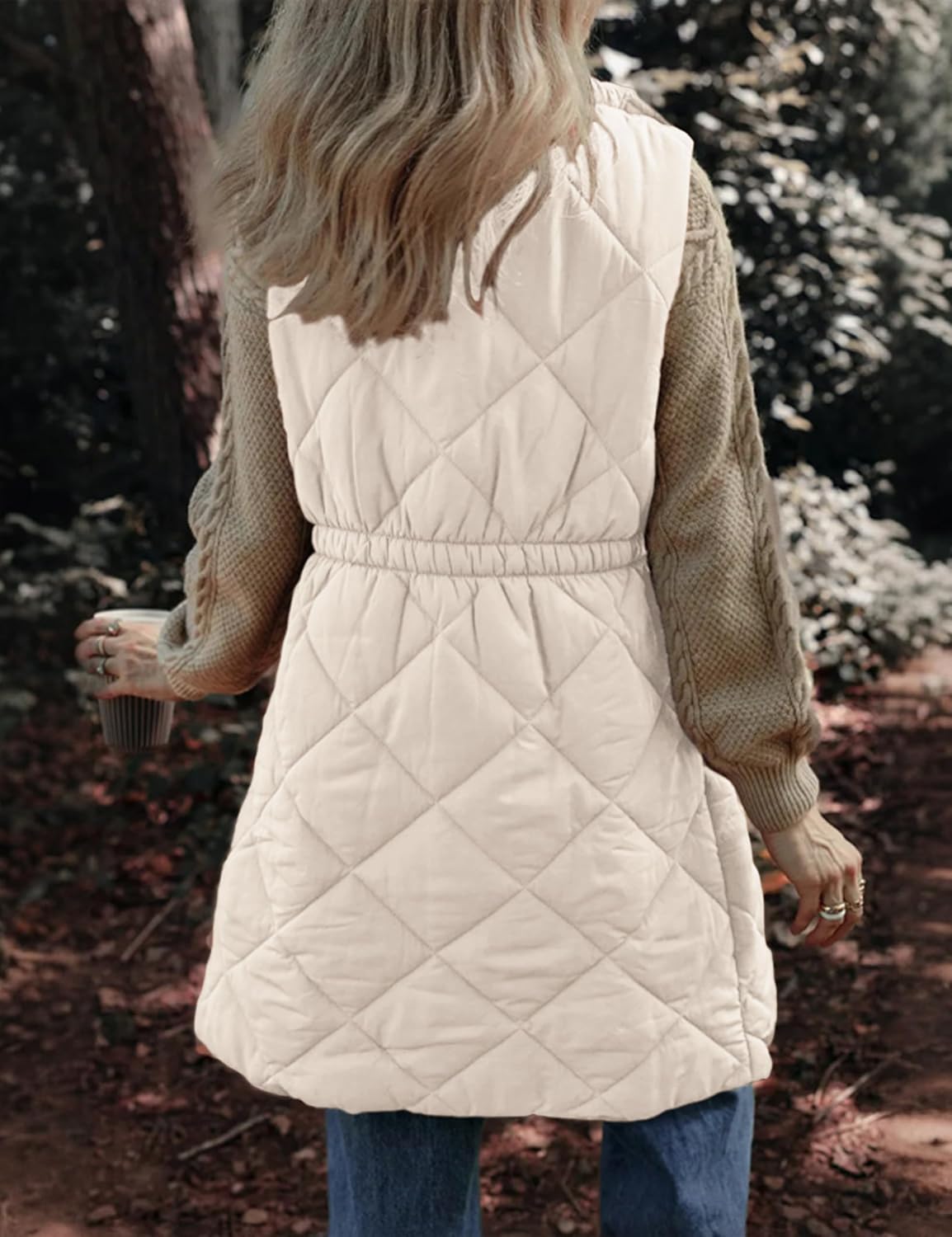 Athlisan Womens Long Puffer Vest Sleeveless Zip Up Stand Collar Padded Gilet Coat with Pockets(Apricot-S) - Image 3