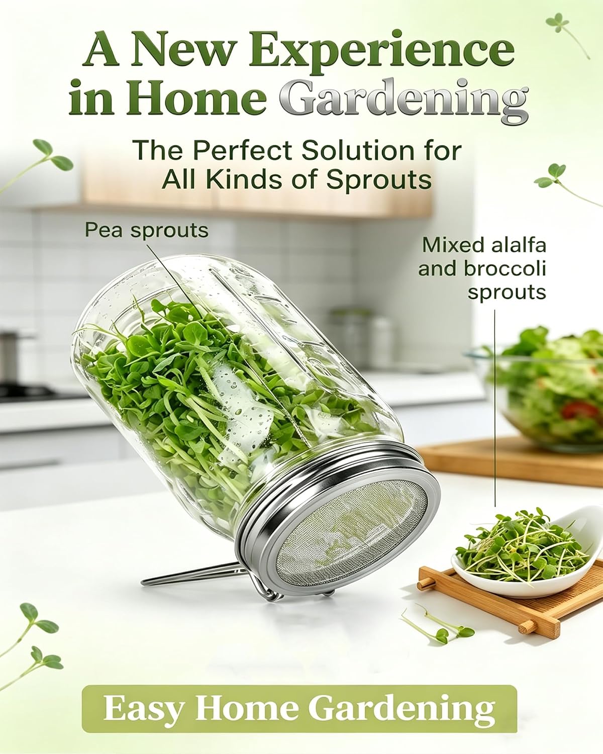 Sprouting Jar Lids Broccoli Sprouts Growing Kit Alfalfa Seed Mung Beans Grow Lid for Glass Mason Jars Reusable Stainless Steel Wide Mouth Fermenting Pour Spout Trays Mesh 316 Steel (4PCS)