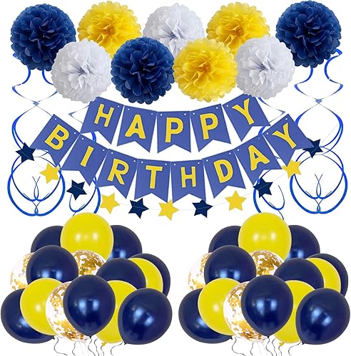 Decoraciones de cumpleaños, suministros de fiesta de cumpleaños, banderines para hombres y mujeres, azul marino, amarillo, confeti, globos de látex,