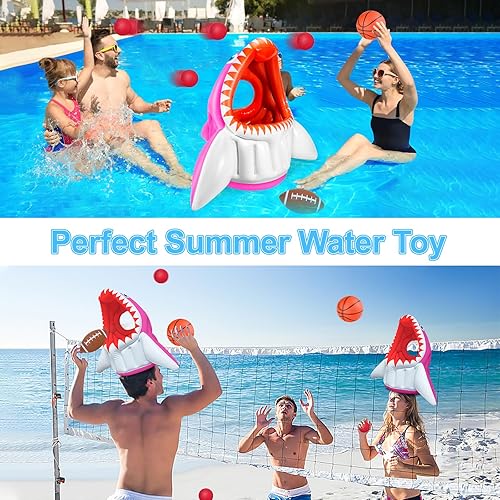 Miniatura 3 de Juguete inflable de tiburón para piscina para niños de 4 a 8 años o más, divertidos juegos de agua 3 en 1, aro de baloncesto flotante, fútbol y