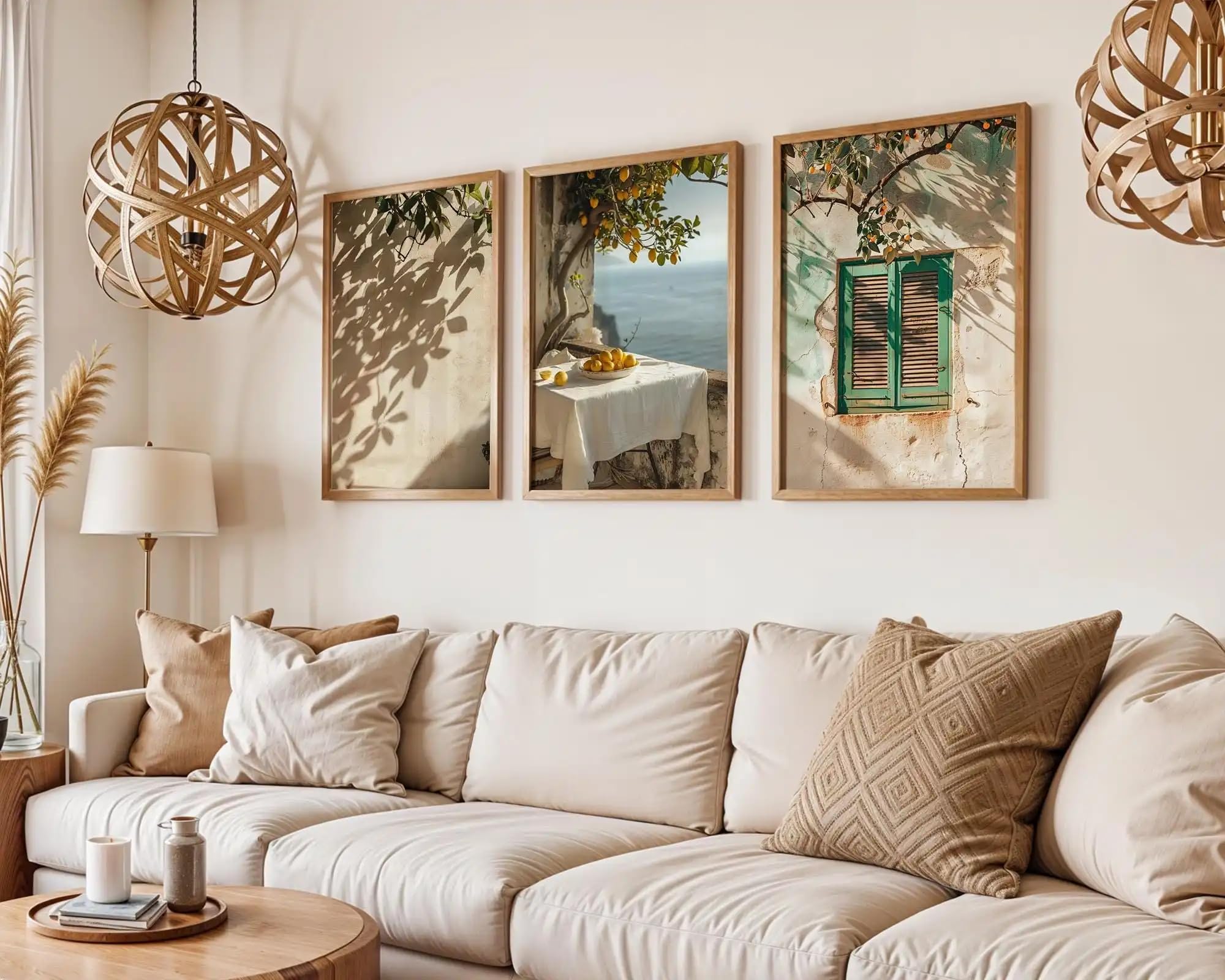 GOSRD Vintage Italian Coastal Lemon Tree Nordic Canvas Wall Art Mediterranean Coast Prints Painting for Warm Home Decor(60x90cm-3Pcs)