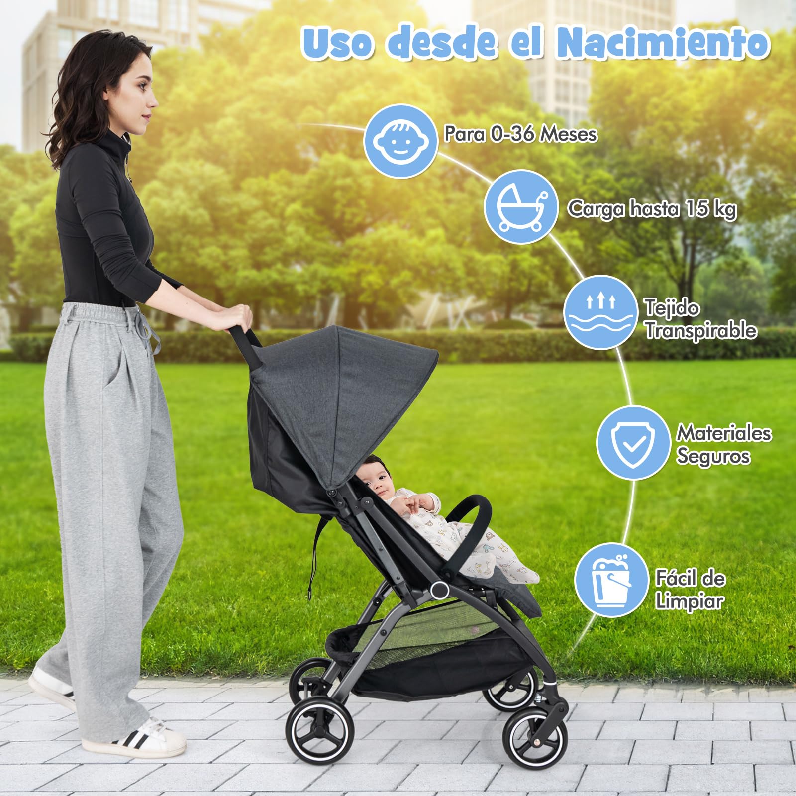 COSTWAY Silla de Paseo Ligera, Carrito Bebe Plegable con Respaldo Ajustable, Capota y Arnés de 5 Puntos, Cesta de Almacenamiento, Plegado con Una Mano, para Bebés de 0 a 36 Meses (Gris)