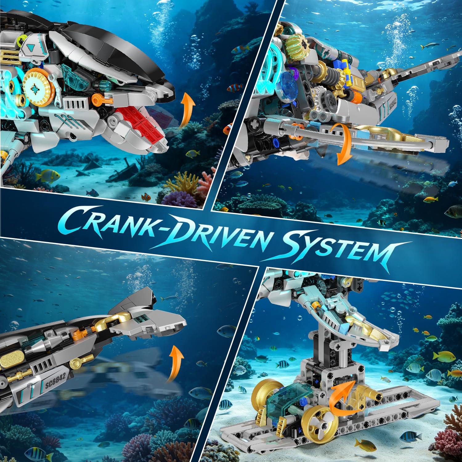 INSOON Orca Meccanica Set di Costruzione STEM per Bambini 12+ | Kit costruzione orca con meccanismo a manovella, gioco marino STEM, regalo di compleanno e Natale per bambini e adulti