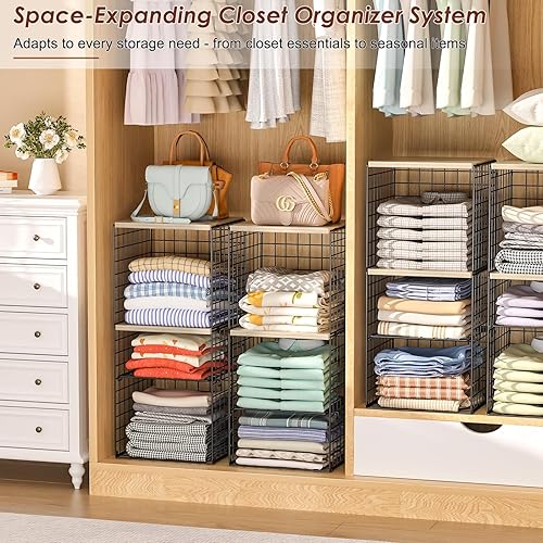 Miniatura 4 de Organizadores y almacenamiento de armario de 6 niveles, estantes de armario con divisores ajustables y parte superior de madera, contenedores de