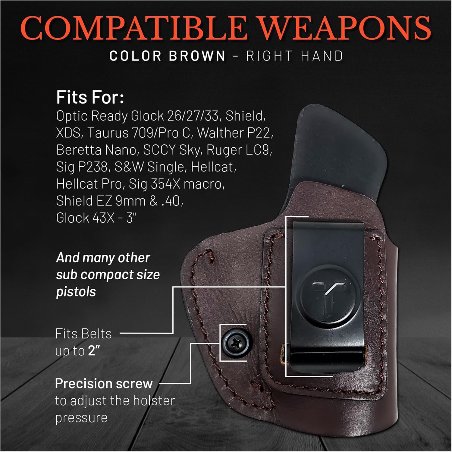 IWB Suede Leather Holsters for Pistols Optic Ready. for 1911-4"/5", .45 no Rail, Glock 48, Shield EZ 380, Browning HP .9mm Leather Holster & 380