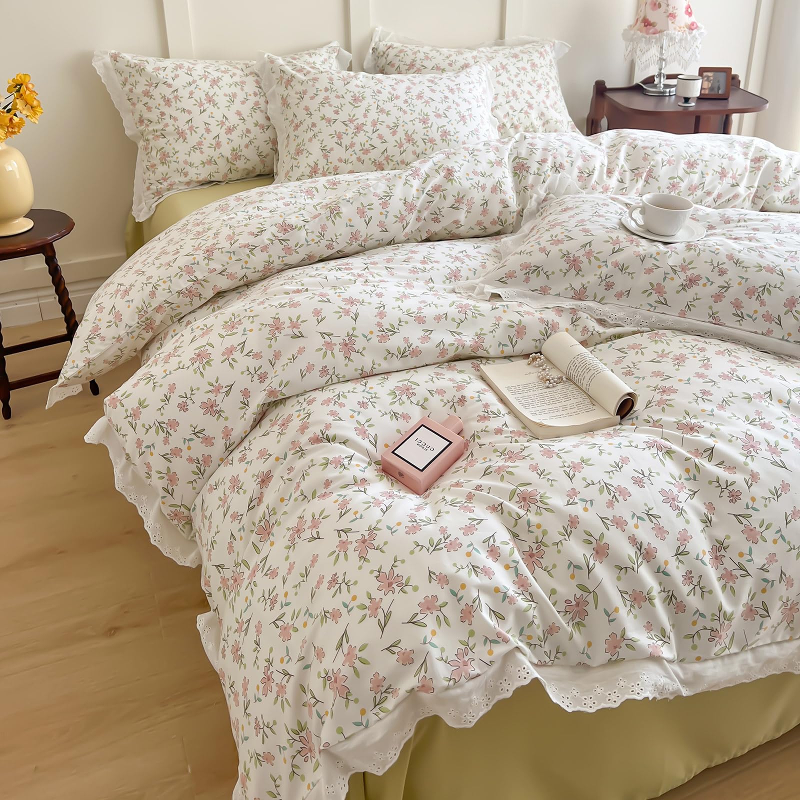 Duvet Cover Twin 100% Cotton Pink Flower Bedding Set with Chic White Ruffle Vintage Floral Lace — image 1