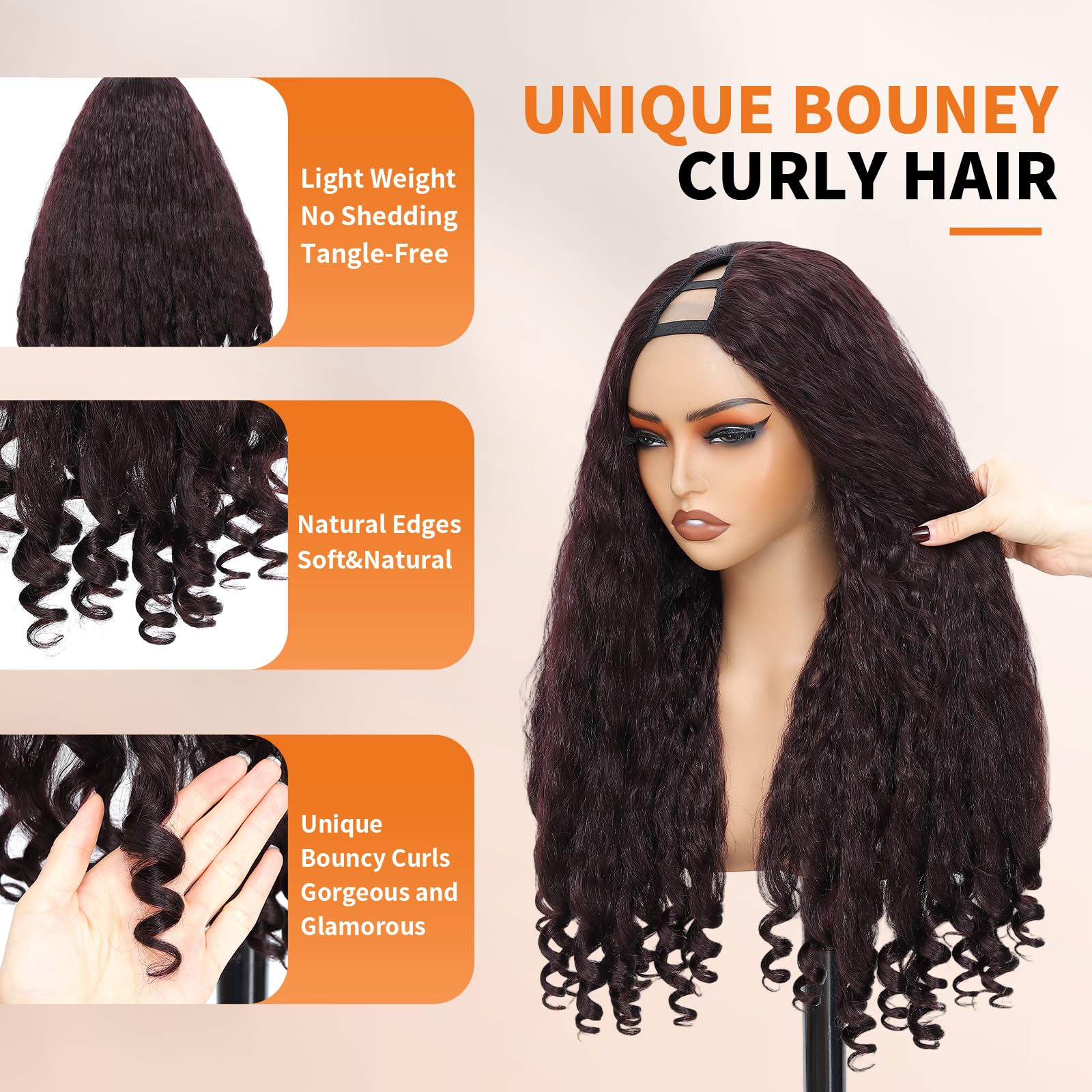Yacurcur Afro Wig V Part Kinky Curly Wigs for Black Women 180% Density Wear and Go Glueless Wig with Unique Bouncy Curls in the End Synthetic Burgundy Red No Leave out Clip in 24 Inch(#99J) - Image 4