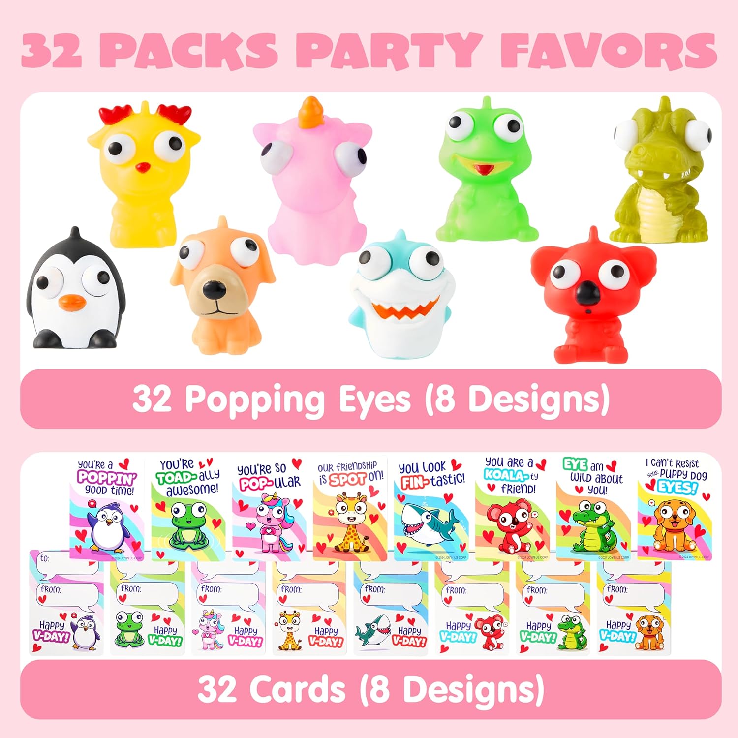 JOYIN 32 PCS Valentines Day Gift Cards with Animal Popping Eyes Keychains for Gifts Party Favor, Classroom Exchange Prizes, Valentine’s Greeting Cards