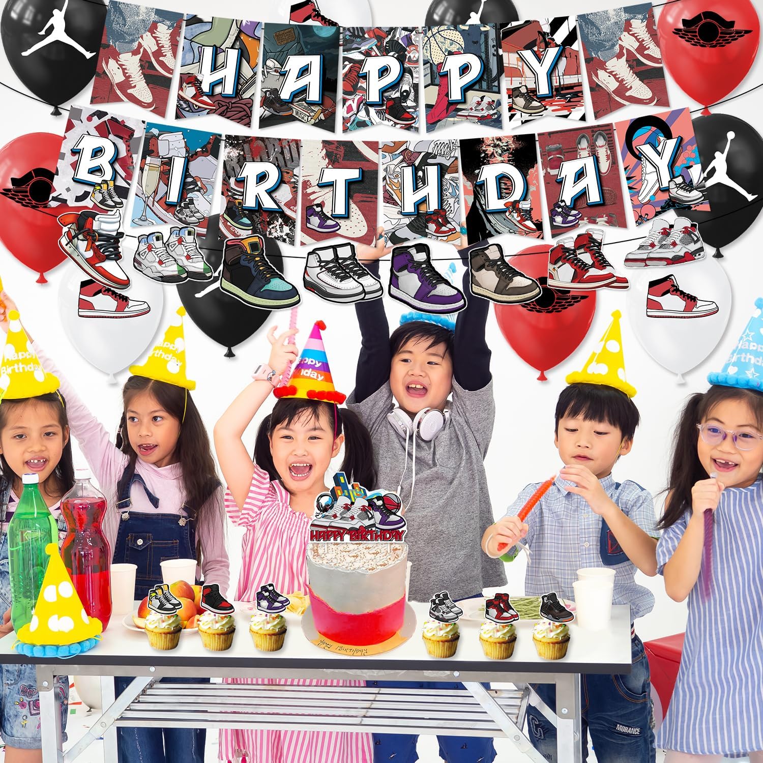 33Pack Sneakers Ball Birthday Party Supplies Pack Includes，Banner，Garland,Cake Topper，Sports shoes Balloons for Party supplies (red6) image 4