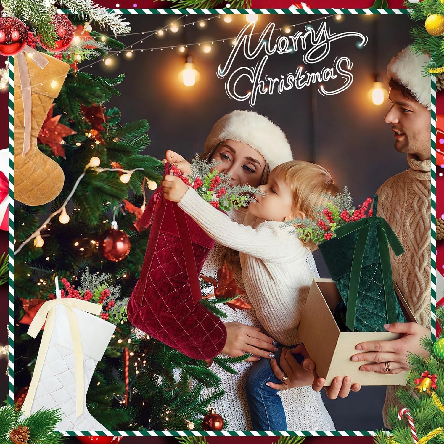 Olgaa Christmas Stockings Set of 4 Luxury Personalized Vintage Velvet 18 Inches Large Size with Bows Red Green Stocking Gifts Decorations for Fireplace Home Family Holiday Xmas Party (Mix Color) - Image 6