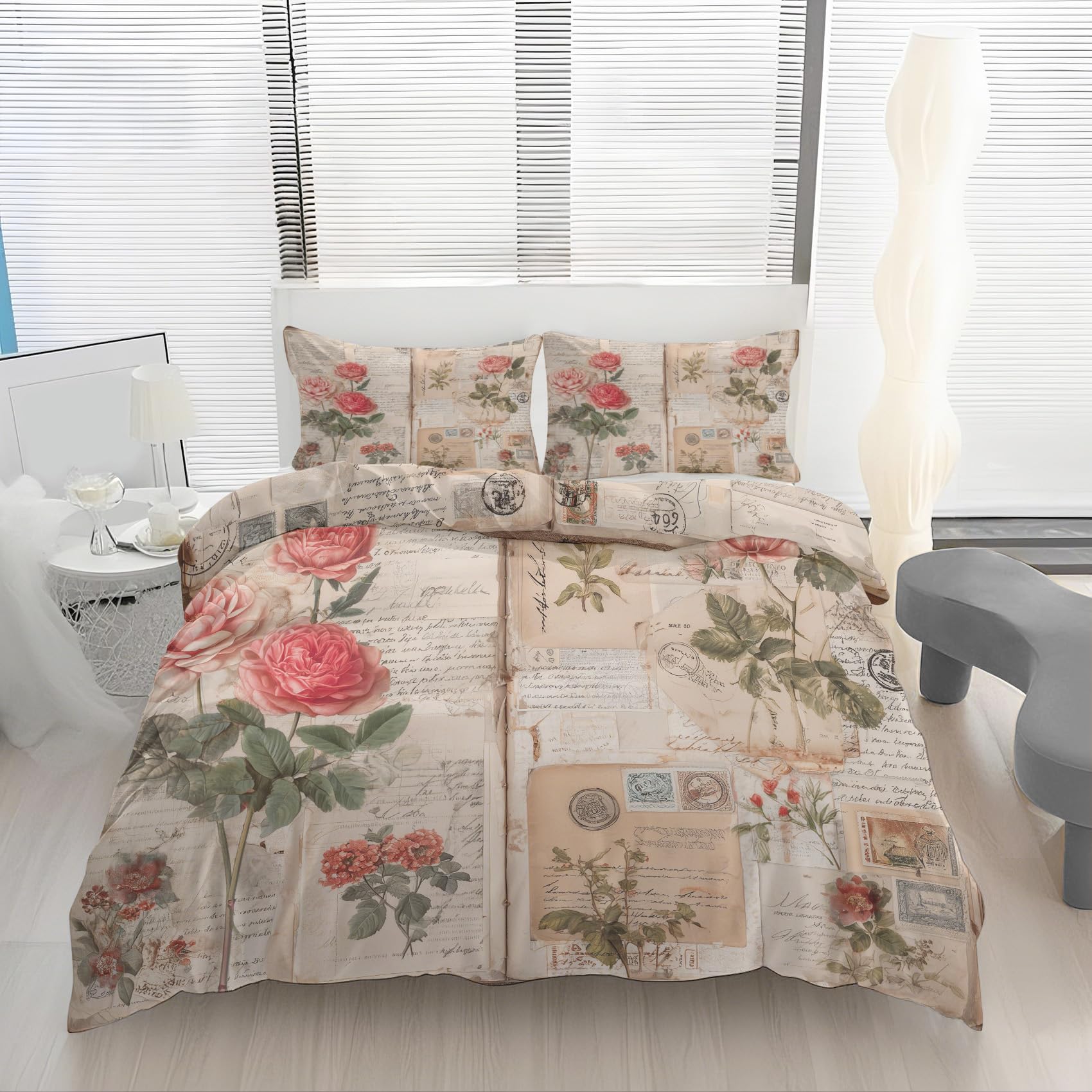 Housse de couette 240x220 fleurs rose vintage avec 2 taies d'oreiller en microfibre