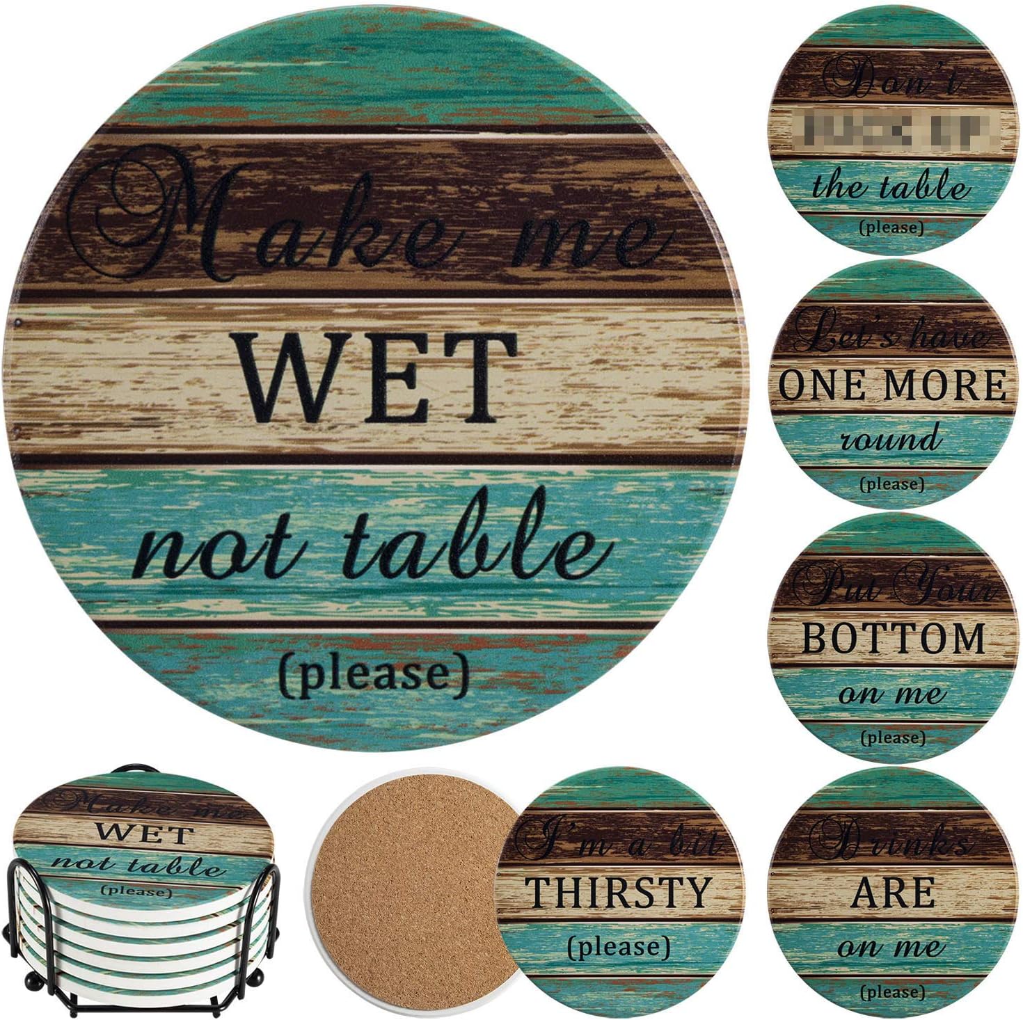 Ceramic Coasters for Drinks Absorbent, Esur Rustic Farmhouse Stone Coaster Set of 6 with Metal Holder for Wooden Table Protection, Funny Style for Bar Home Decor, Housewarming Gift