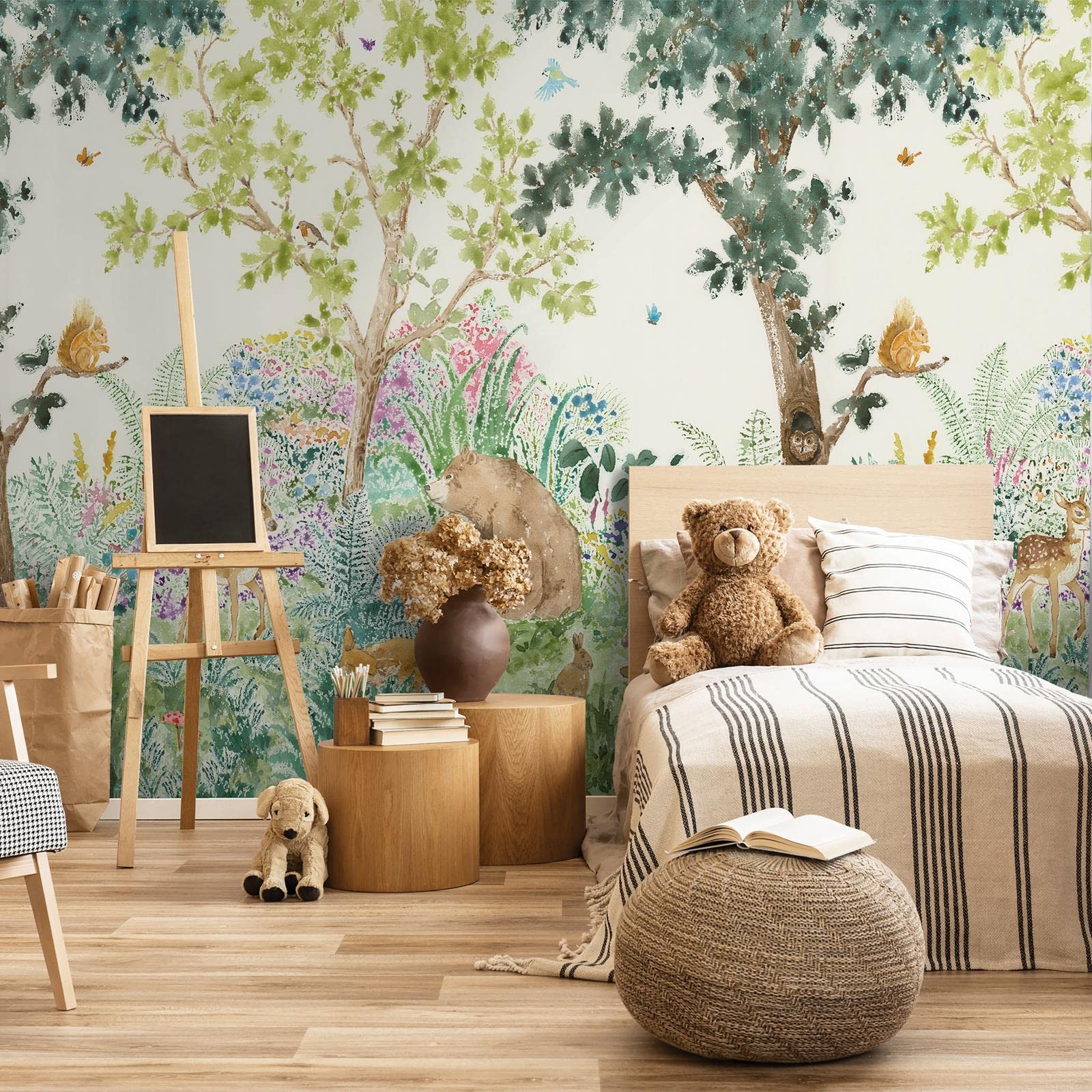 Fototapete Waldfreunde Waldtier Motiv Kinderzimmer Wanddeko Hirsch Bär Eichhörnchen Hase Wildblumen Traumfänger-Sammlung Multi Holden 99380