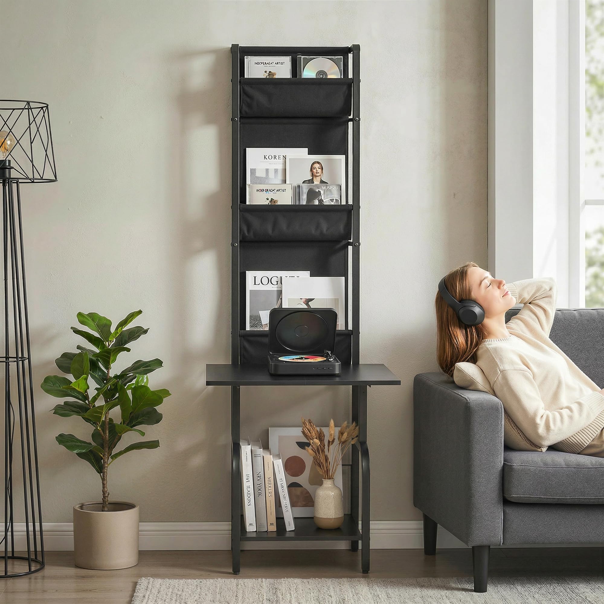 HOMCOM Almacenamiento de discos de vinilo con soporte para reproductor, soporte giratorio y estante de exhibición, unidad de almacenamiento de CD para hasta 40 CD, mesa de reproductor de discos para