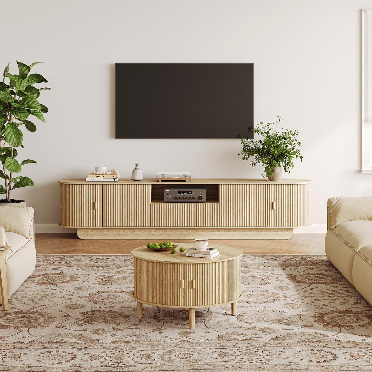 Coffee Table and TV Stand Set of 2, Round Center Table with Storage, Fluted Coffee Table with 360° Sliding Doors, 86.6" Entertainment Center for Bedroom, Living Room, Natural