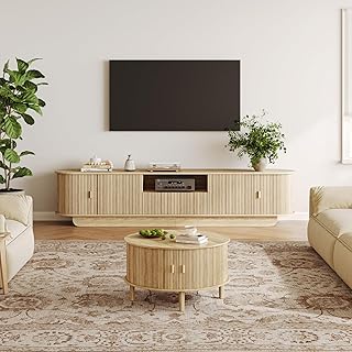 TV Stand and Coffee Table Set of 2,Entertainment Center with Large Storage Cabinet & Open Shelves,86.6'' Modern TV Console,Wood Center Tables for Bedroom, Home Office,Natural