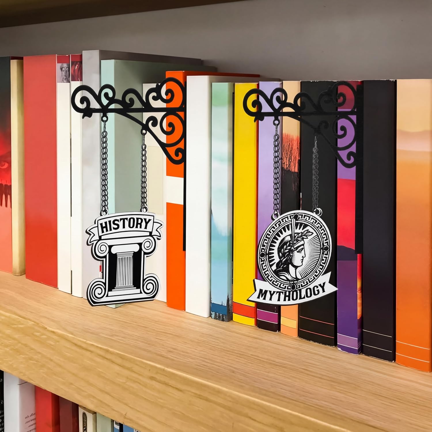 Yalikop Set of 10 Vintage Literary Style Wooden Book Genre Signs for Bookshelf Genre Labels with Hanging Brackets Medieval Tavern Wall Art Home Library Book Dividers for Shelves Reading Library Decor