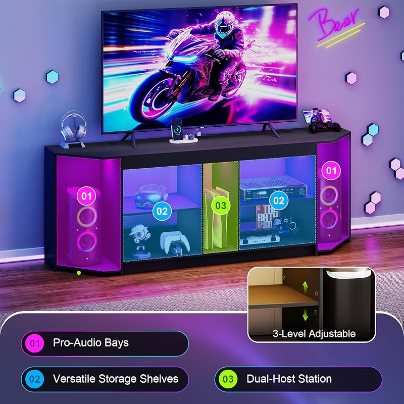 YOSHOOT Modern TV Stand with LED Lights & Power Outlets for 75 inch TVs, Gaming Entertainment Center for PS5 Xbox, Media Consoles for Bedroom, Living Room, Black image 5