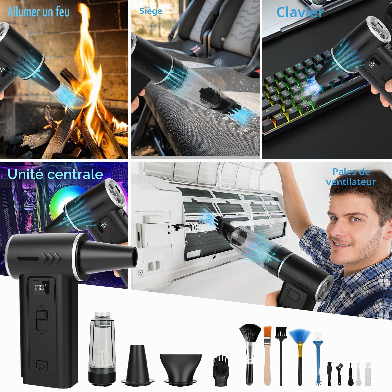 Souffleur Air Comprimé 2-en-1 Dépoussiérant Électrique & Aspirateur 180000 TR/Min, Batterie 8000mAh, 100 Vitesses, Écran Digital, Nettoyage PC, Clavier et Voiture, USB-C (Noir)
