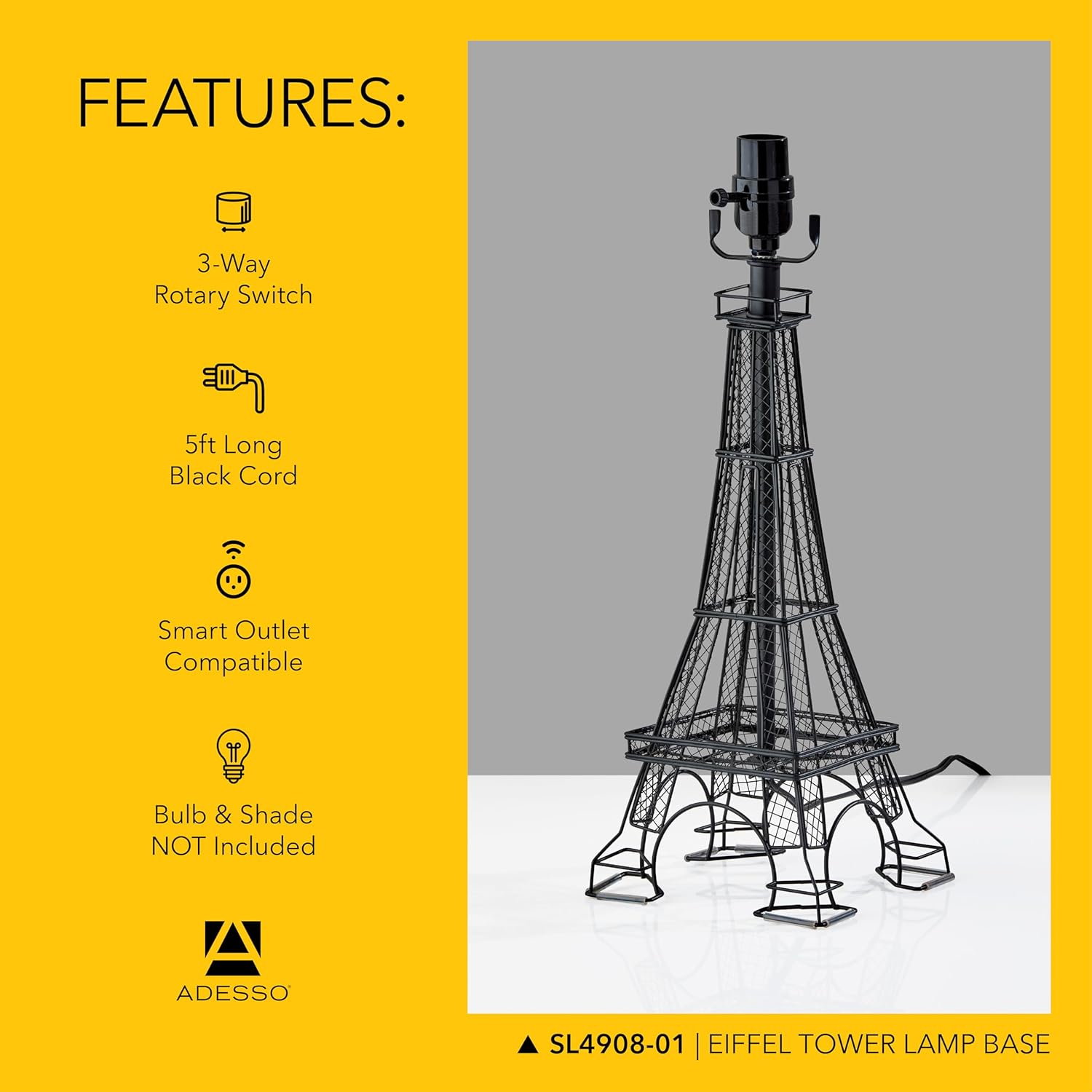 Adesso Eiffel Tower Novelty Table Lamp, Base Only – Parisian Bedside Table, Home Office Lighting or Room Décor, 18” x 10”